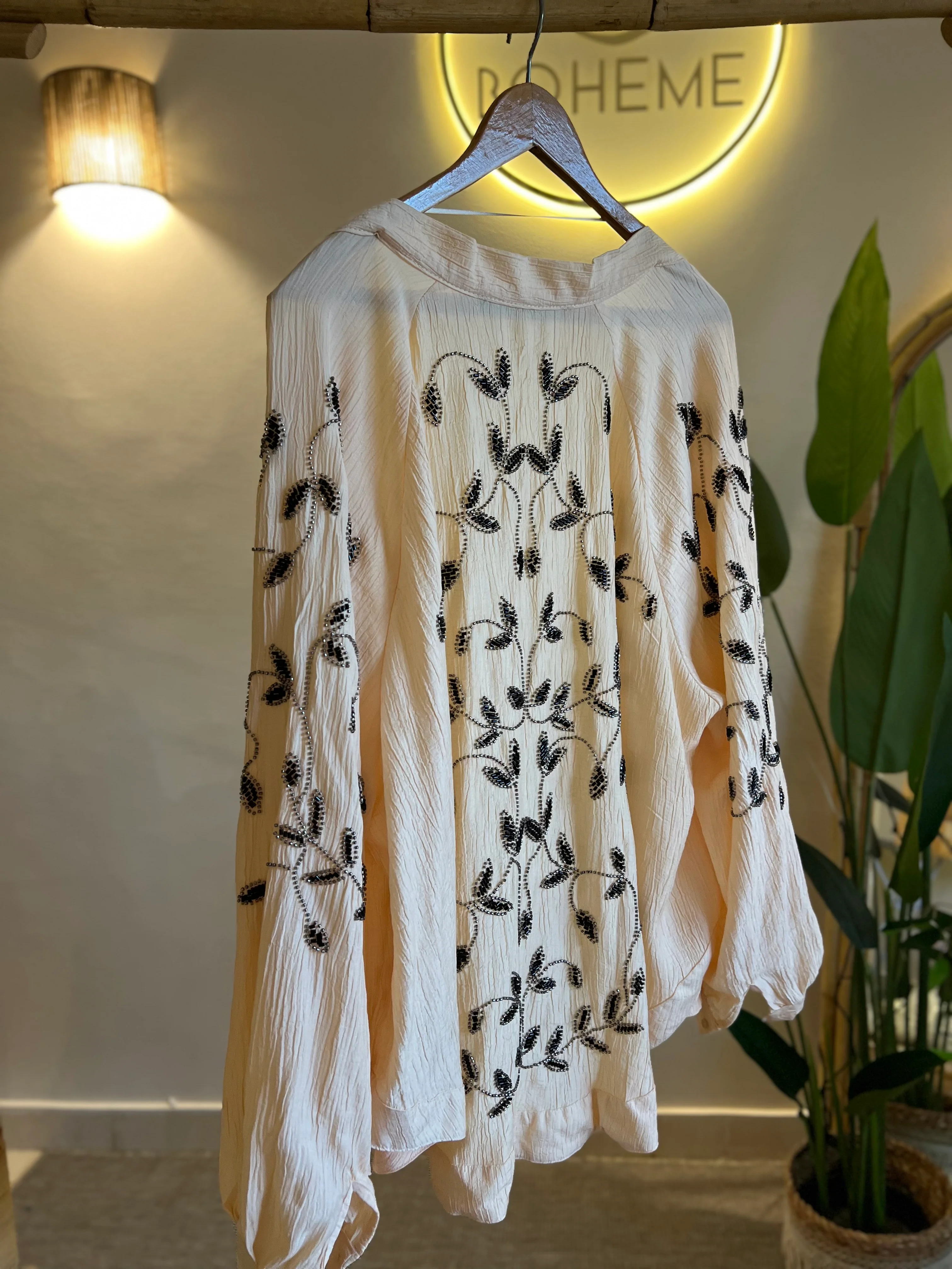 Almond X Black Leaves Embroidered Kimono - Image 3