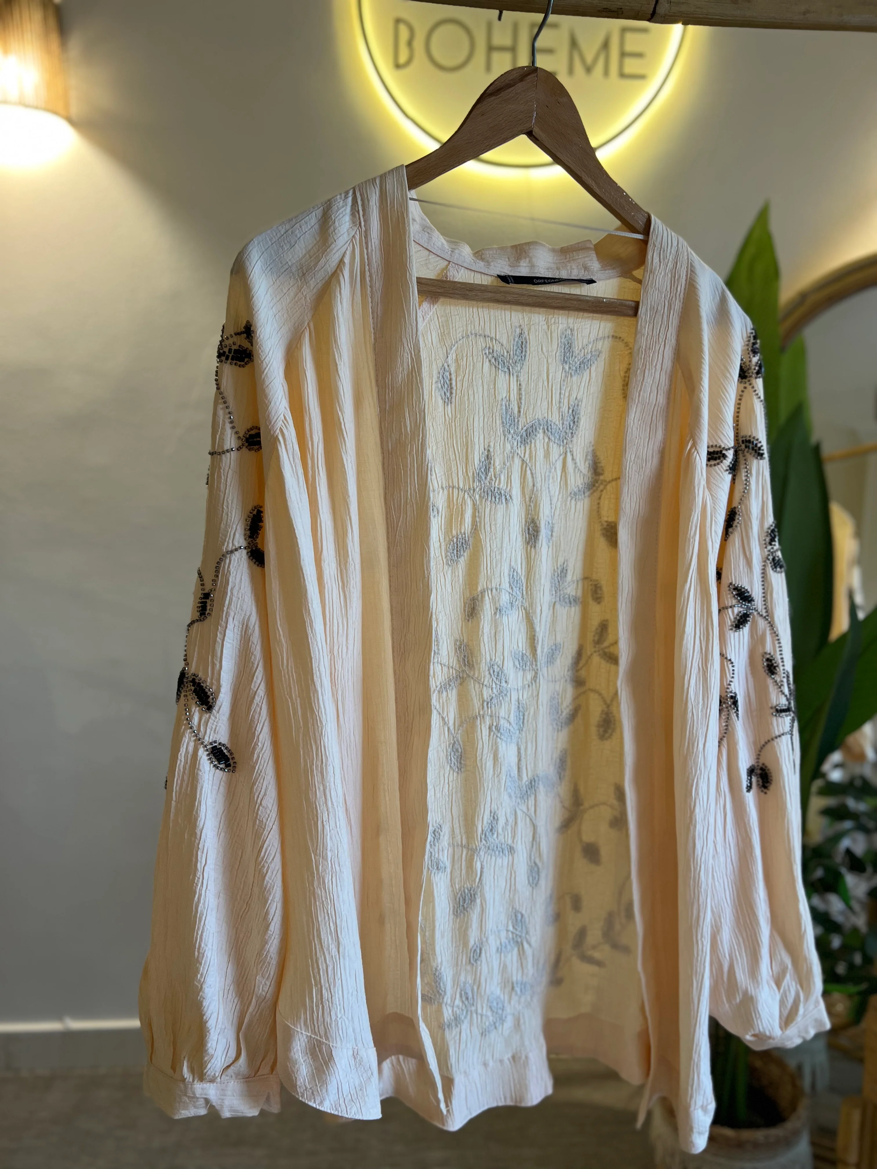 Almond X Black Leaves Embroidered Kimono - Image 4