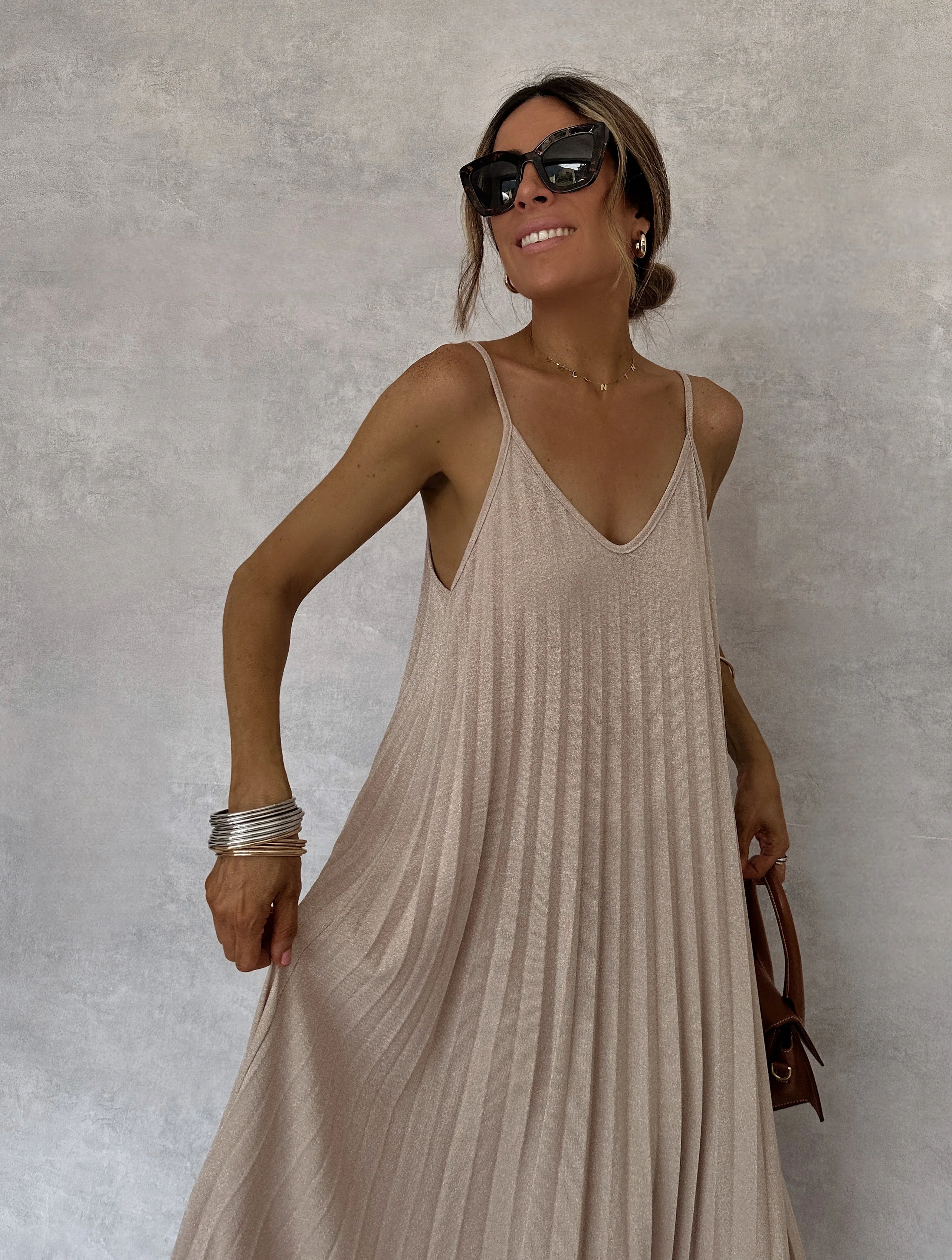 Beige Pleated Straps Italian Dress - Image 3