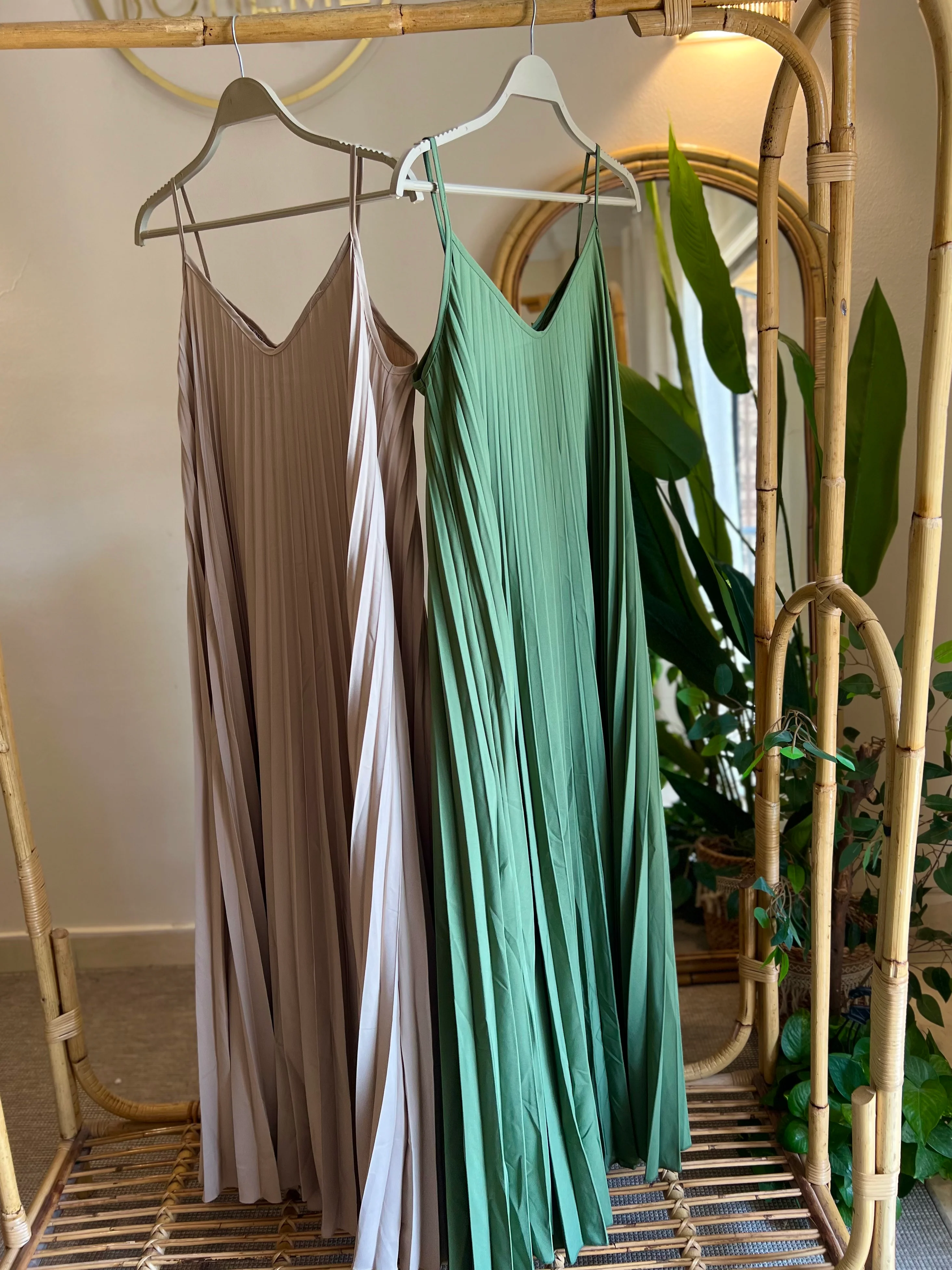 Olive Pleated Straps Italian Dress - Image 3