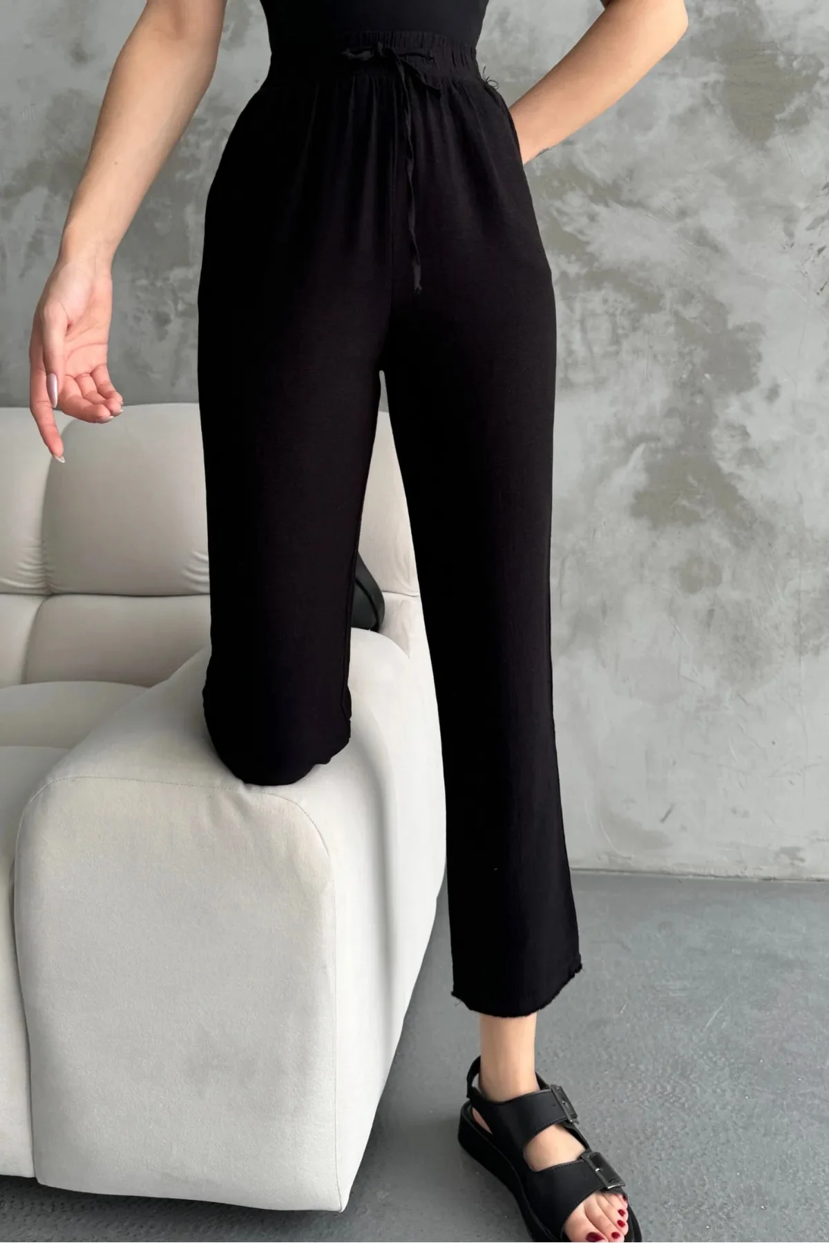 Black Muslin Cotton Pants With Fringes - Image 5