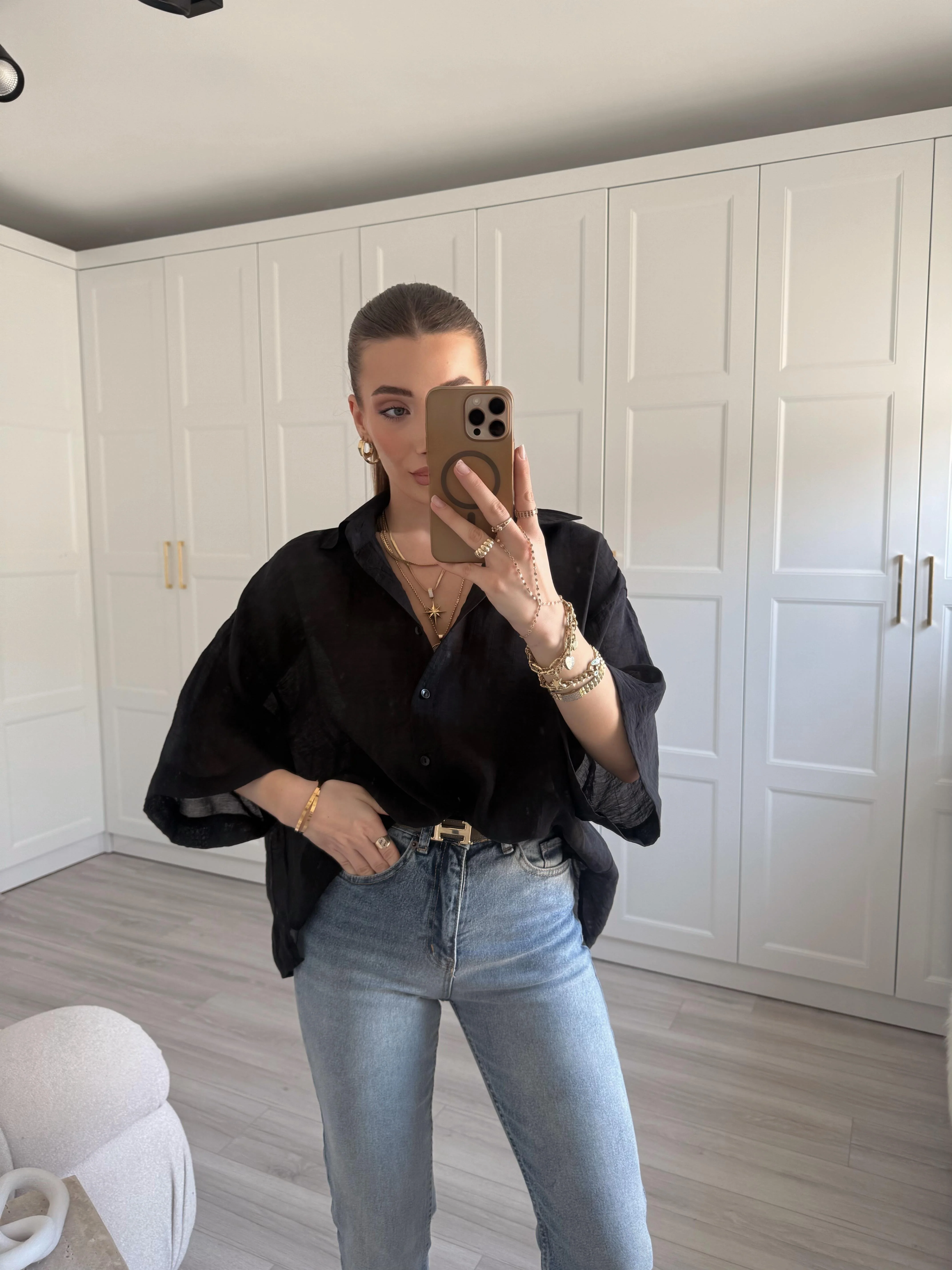 Black Oversized 3/4 Sleeve Shirt - Image 3