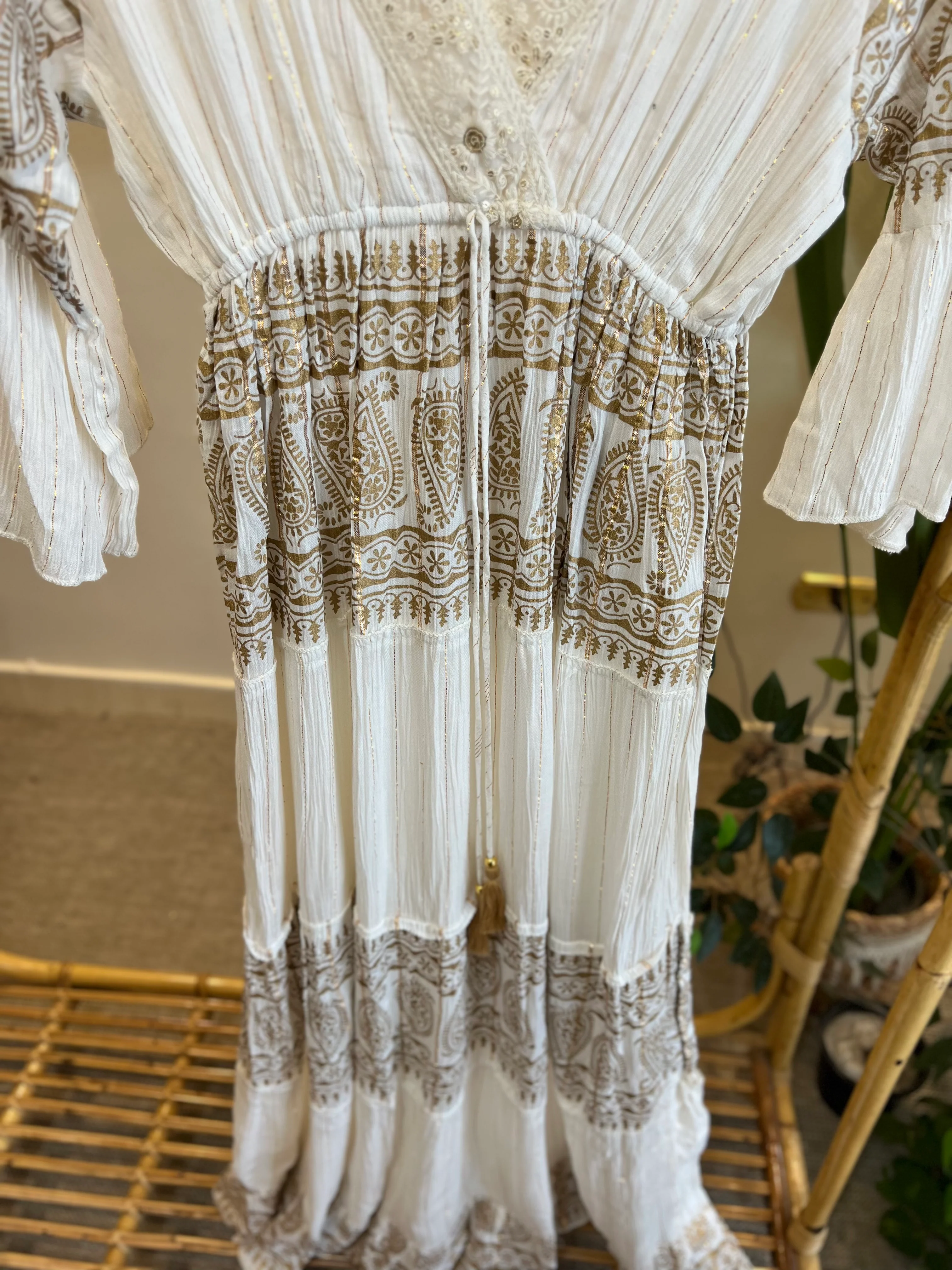 Boho White Golden Tasseled Dress - Image 3