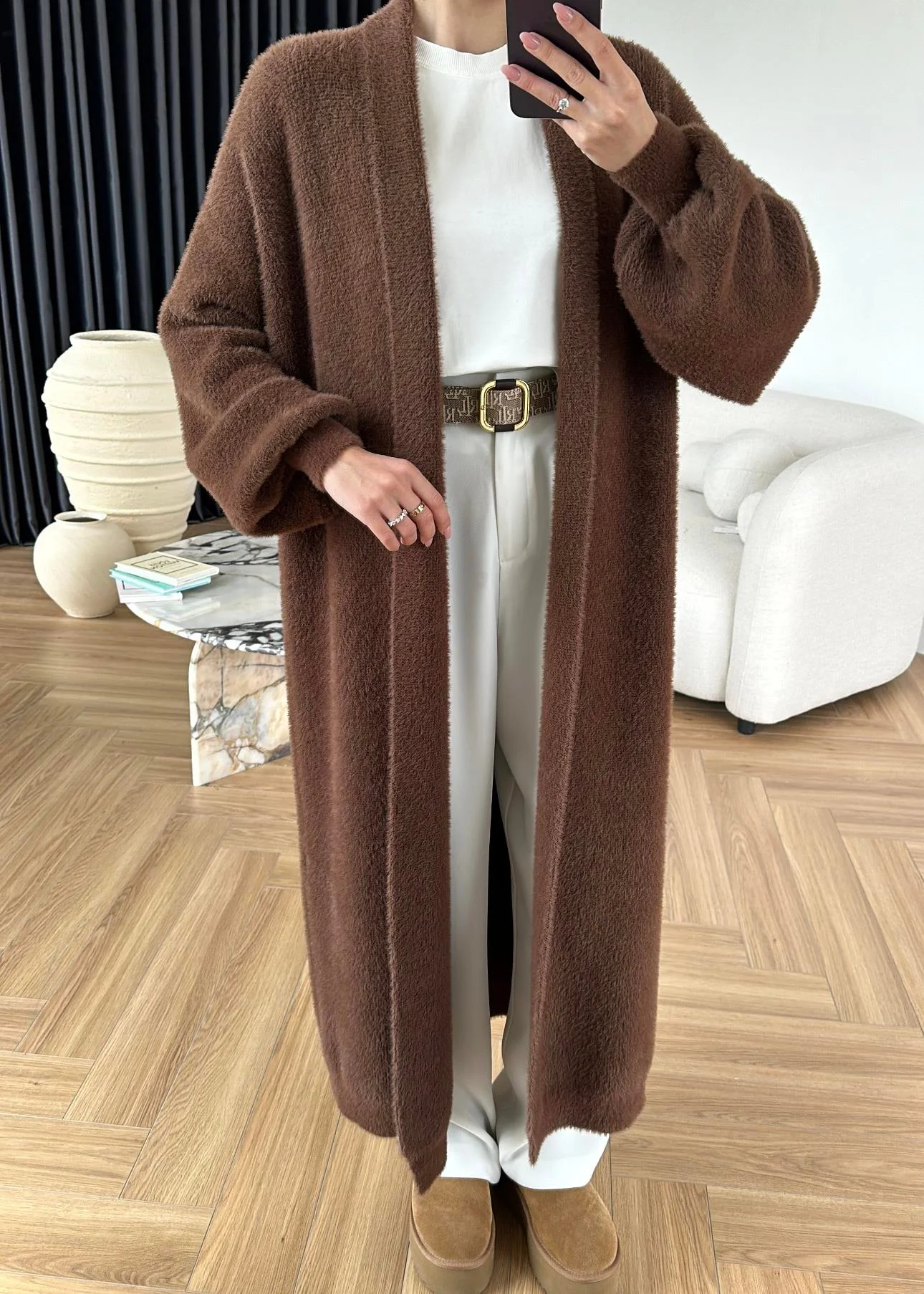Brown Fluffy Heavy Longline Coat Cardigan - Image 3