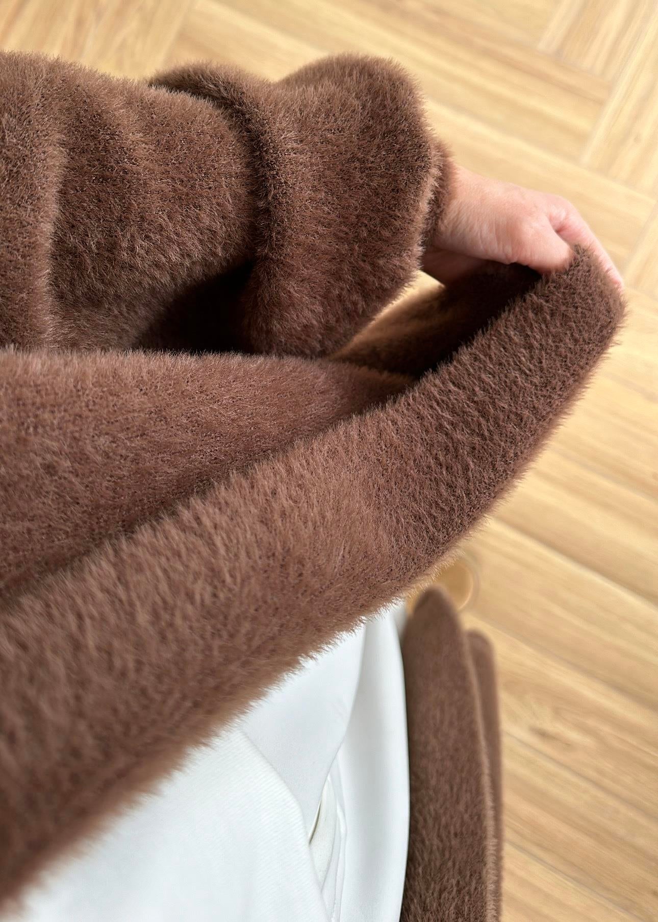 Brown Fluffy Heavy Longline Coat Cardigan - Image 4