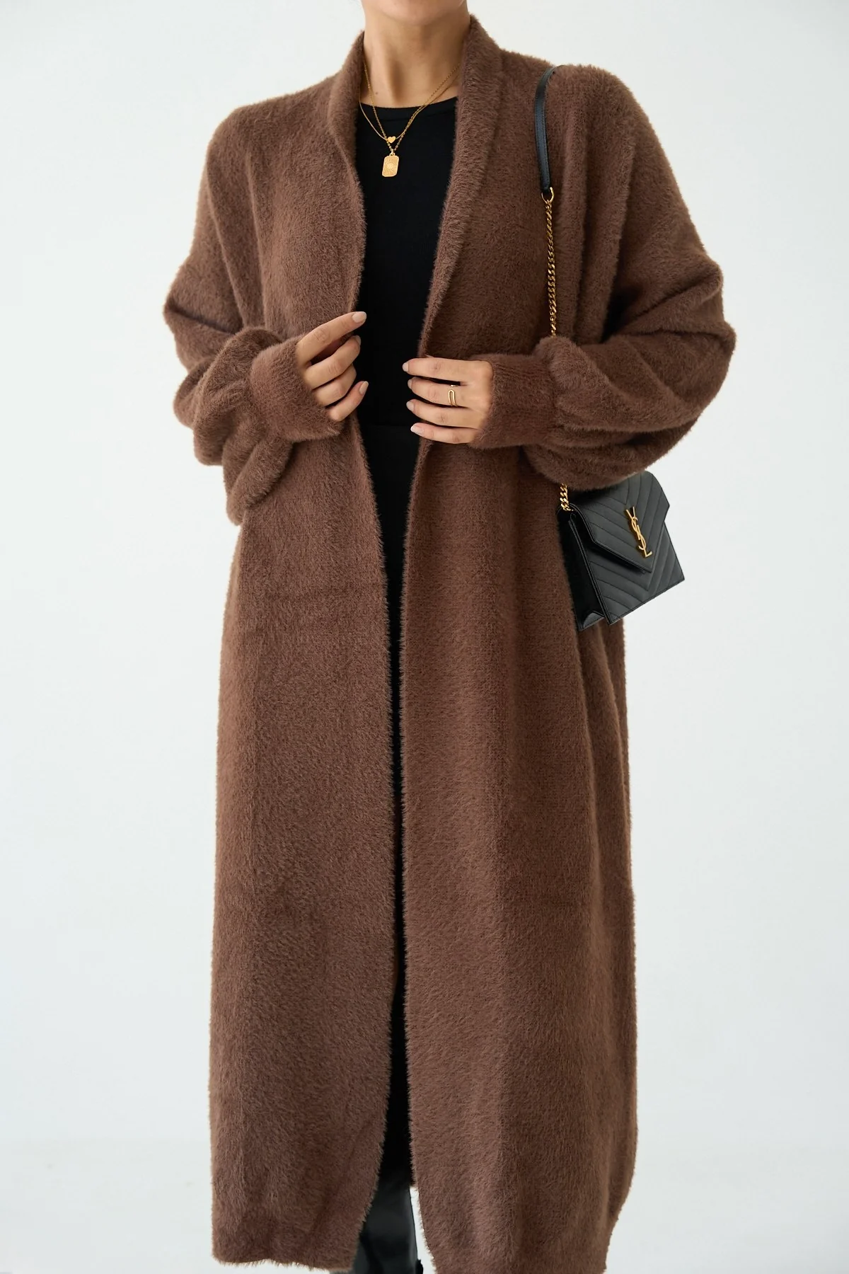 Brown Fluffy Heavy Longline Coat Cardigan - Image 5