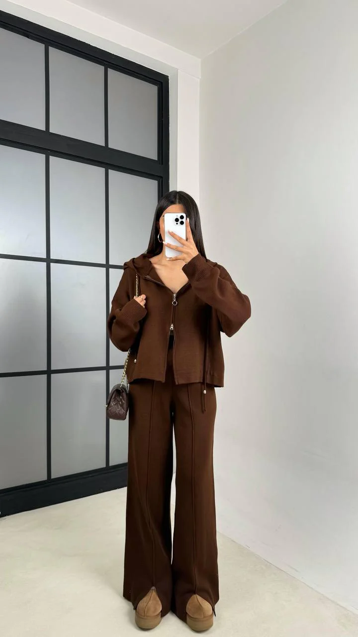 Brown Triko Zip-Up Hoodie Set With Pants Slits - Image 4