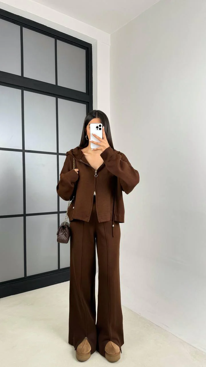 Brown Triko Zip-Up Hoodie Set With Pants Slits - Image 5