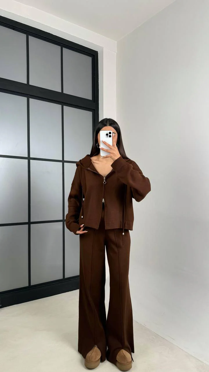 Brown Triko Zip-Up Hoodie Set With Pants Slits - Image 7