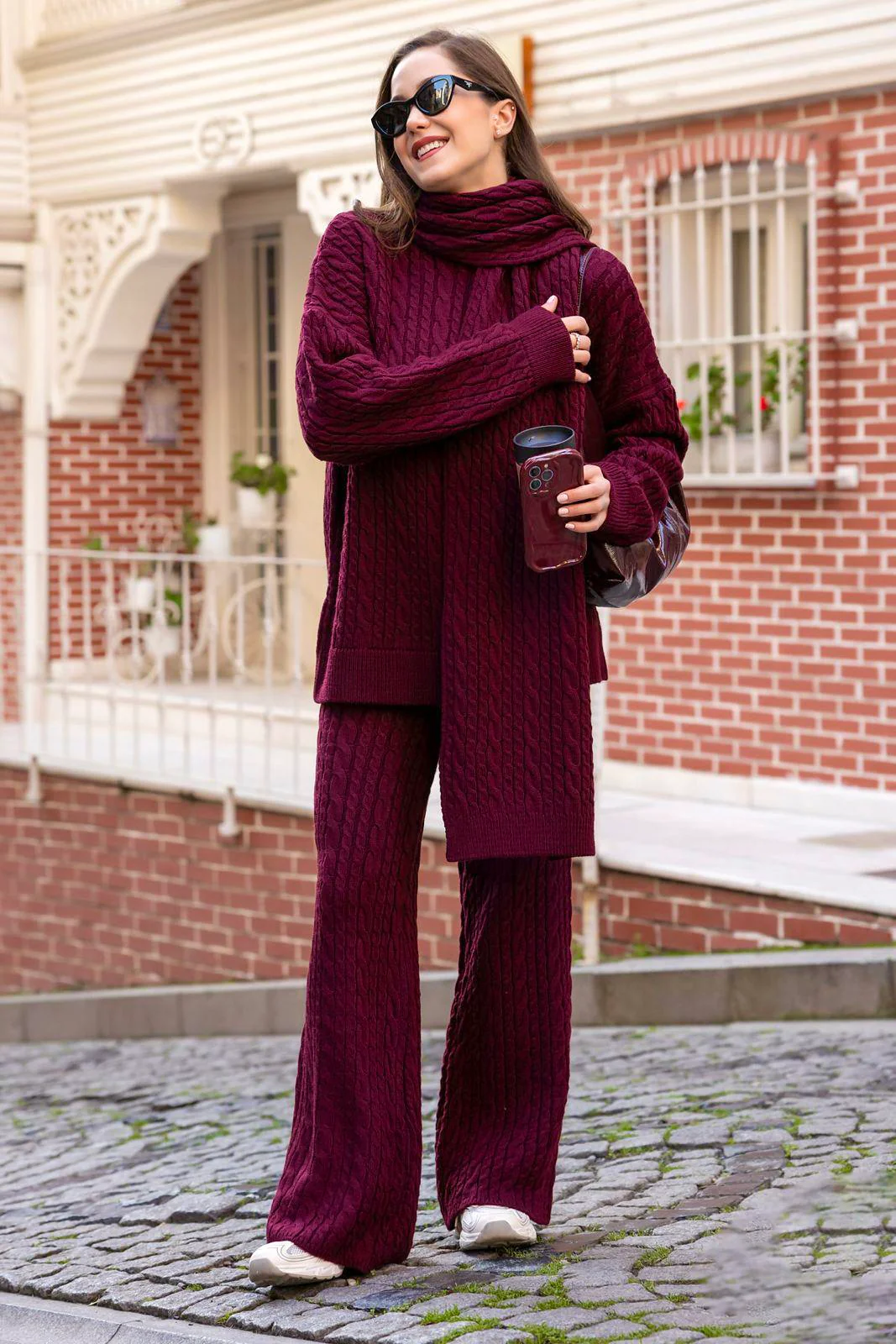 Burgundy Braided Triko Set With Scarf - Image 3