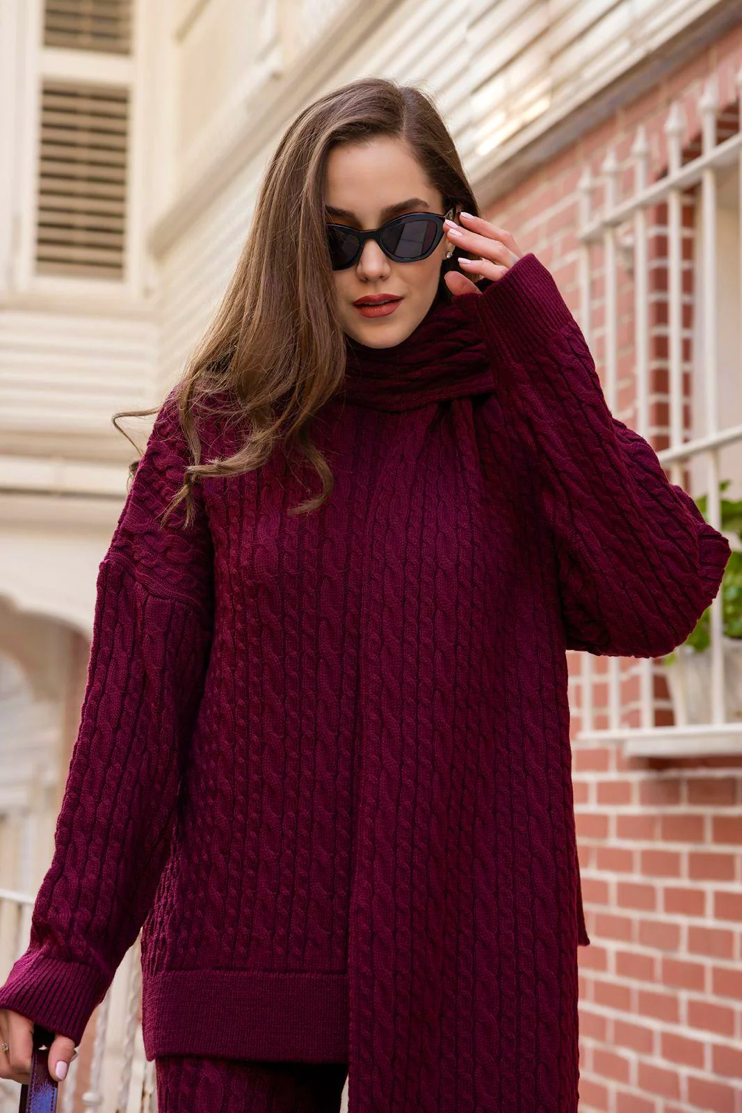 Burgundy Braided Triko Set With Scarf - Image 4