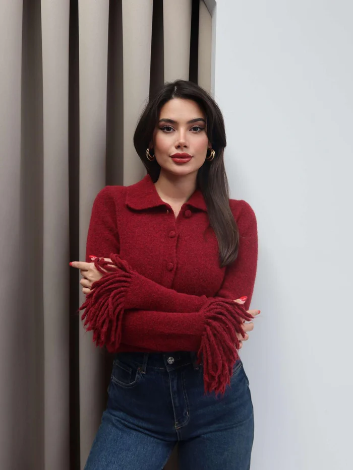 Burgundy Cardigan With Fringes - Image 3