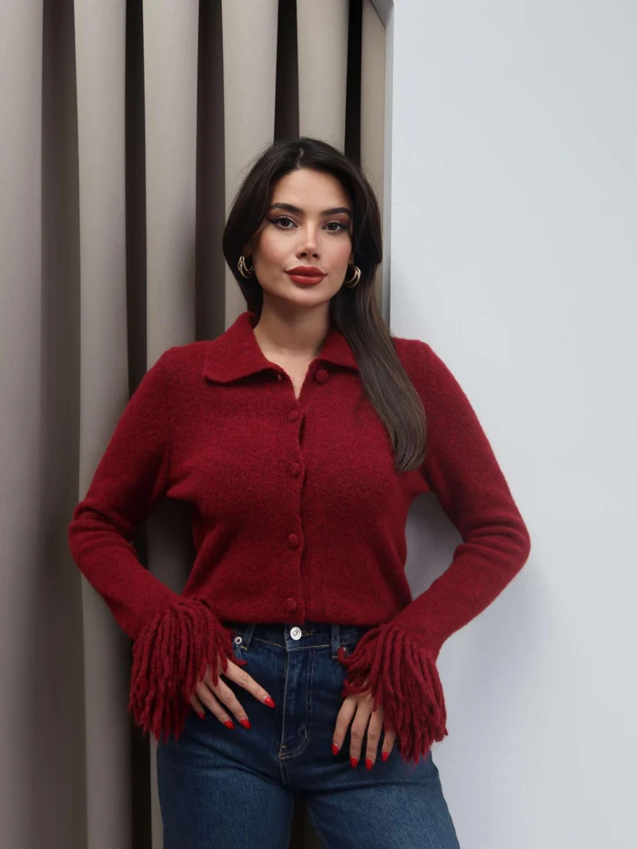 Burgundy Cardigan With Fringes - Image 4