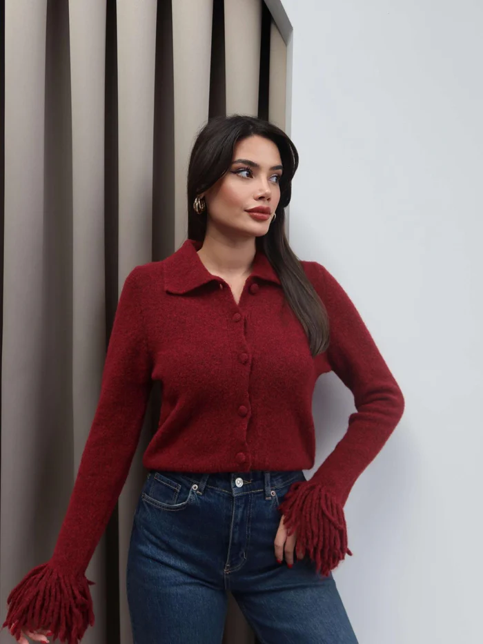 Burgundy Cardigan With Fringes - Image 5