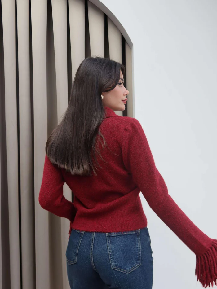 Burgundy Cardigan With Fringes - Image 6