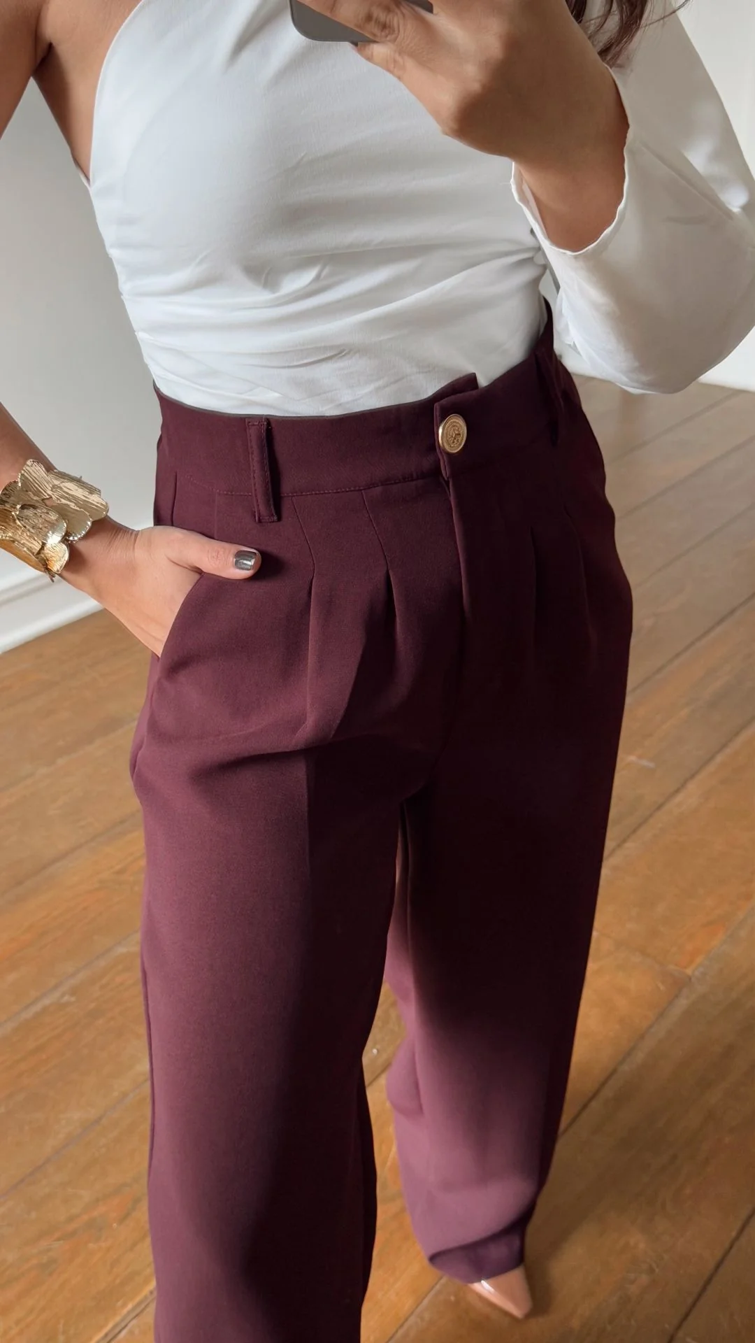 Burgundy Classic Pants With Golden Button - Image 3