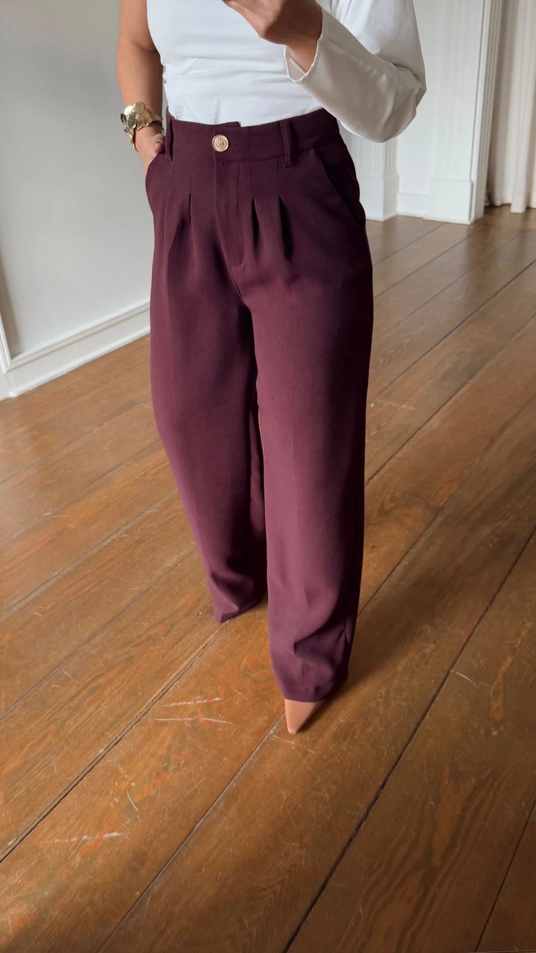 Burgundy Classic Pants With Golden Button - Image 4