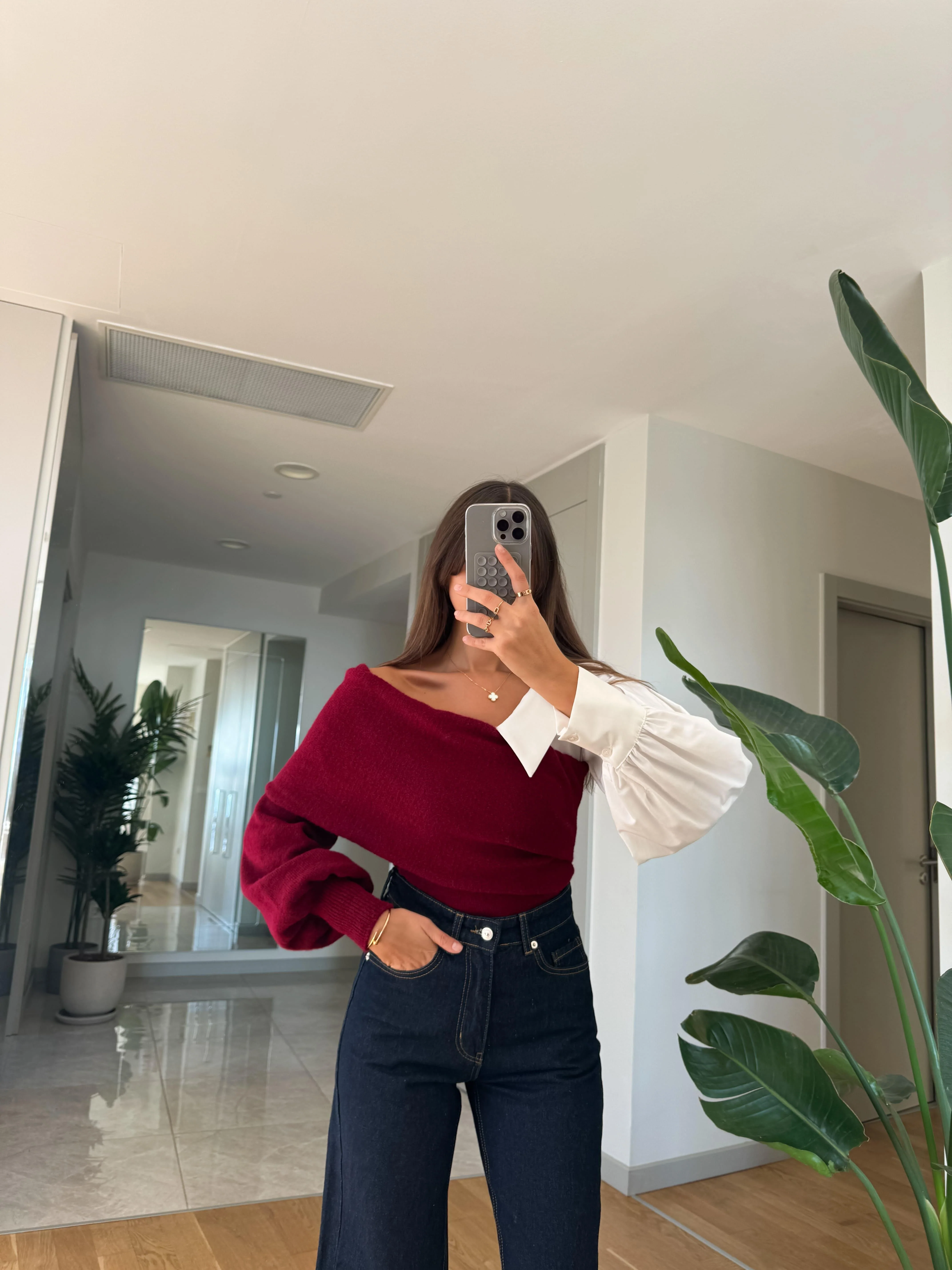 Maroon Off Shoulder Pullover With Shirt Sleeve - Image 4