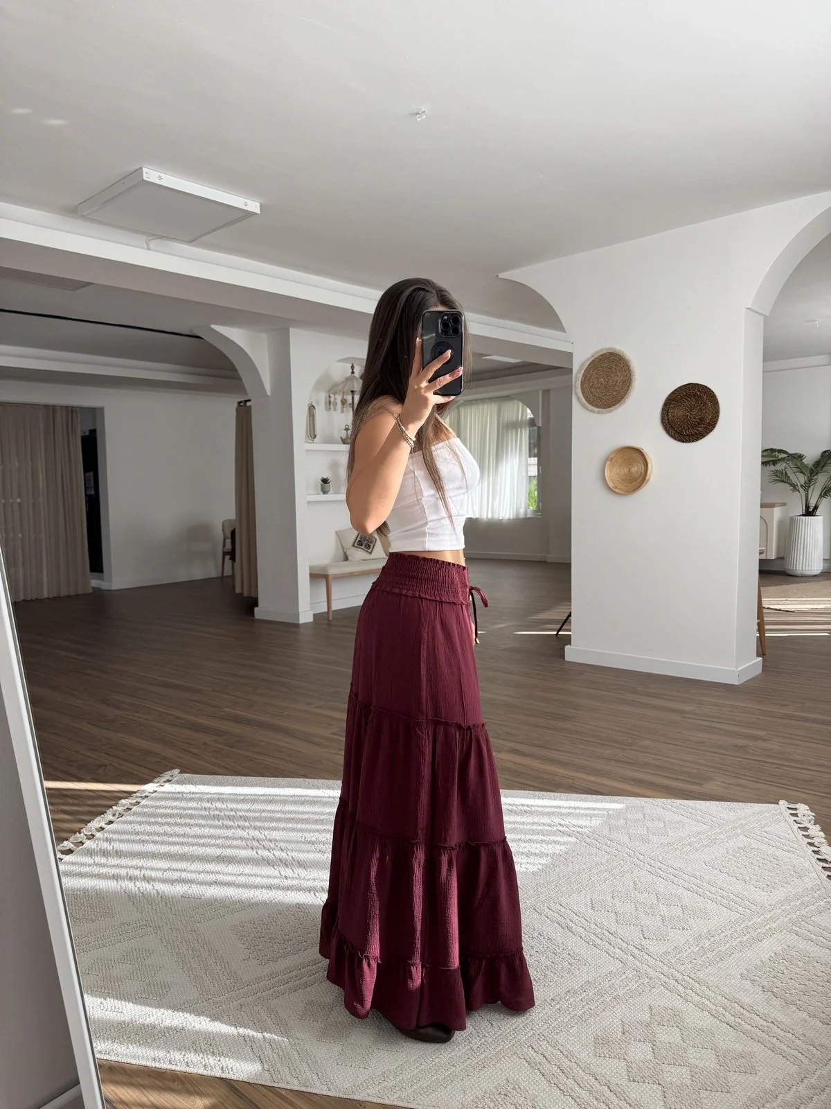 Burgundy Ruffled Elastic Waist Skirt - Image 3