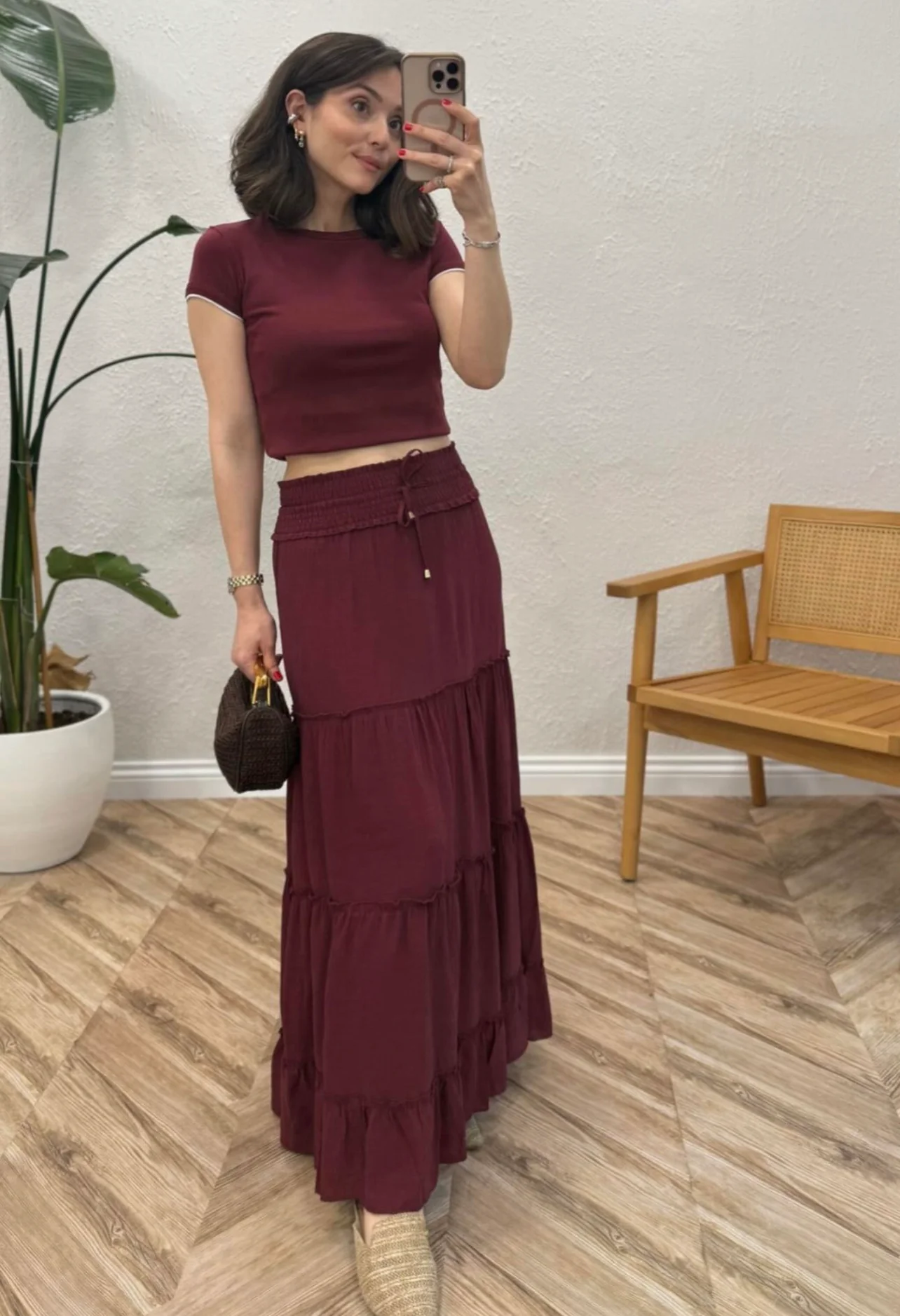 Burgundy Ruffled Elastic Waist Skirt - Image 4