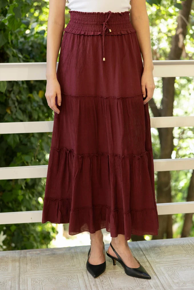 Burgundy Ruffled Elastic Waist Skirt - Image 5