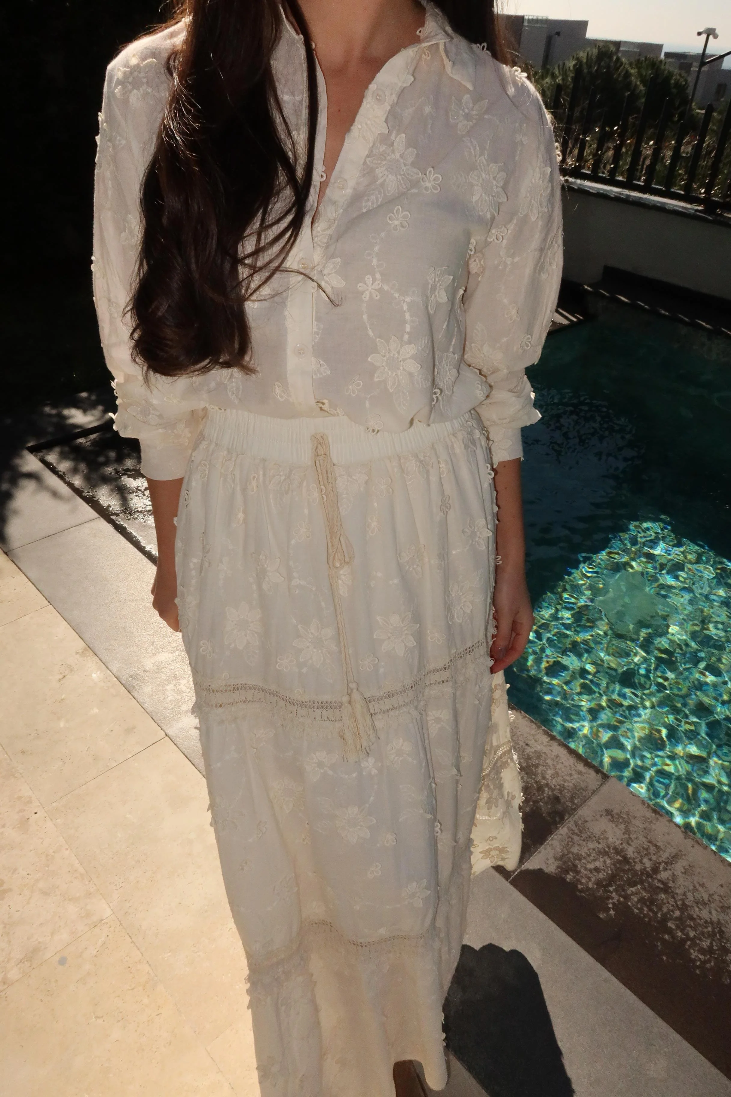 Cotton Beige Embroidered Floral Skirt With Tassels - Image 3