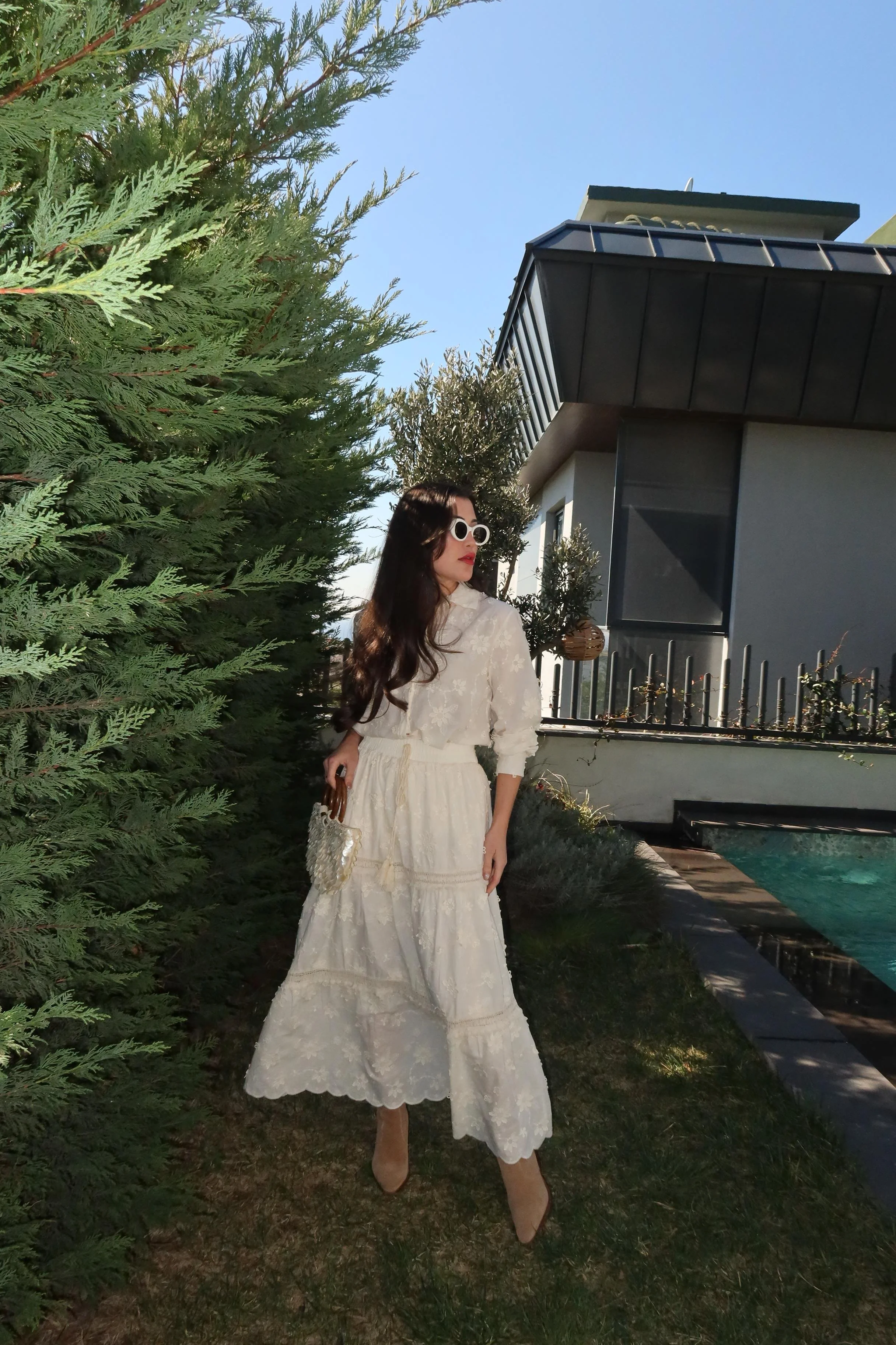 Cotton Beige Embroidered Floral Skirt With Tassels - Image 4