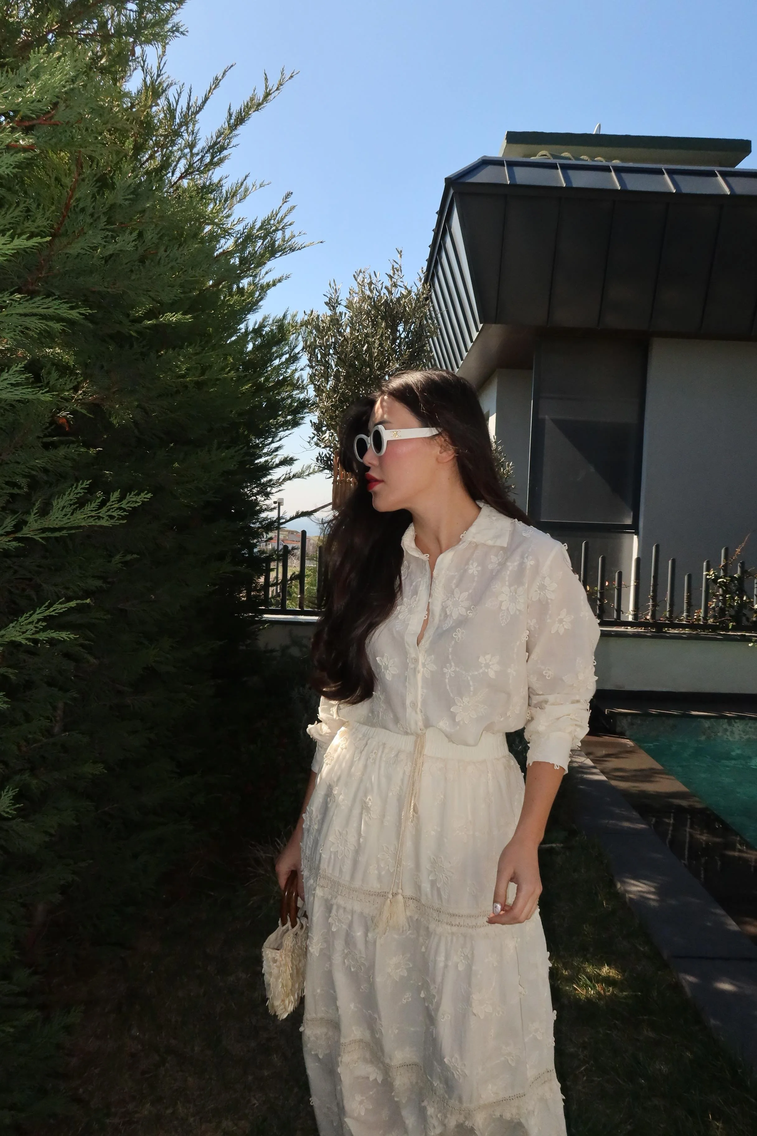 Cotton Beige Embroidered Floral Skirt With Tassels - Image 6