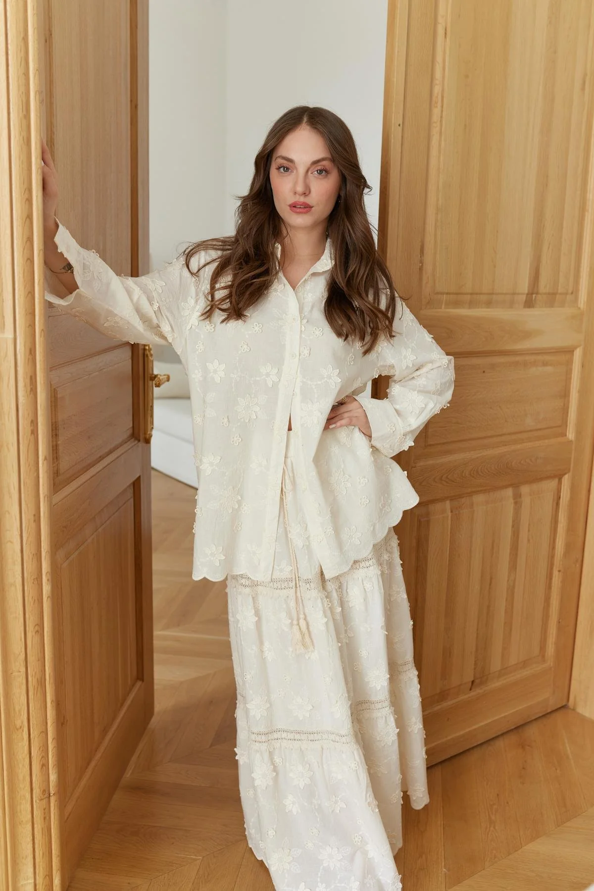 Cotton Beige Embroidered Floral Skirt With Tassels - Image 7