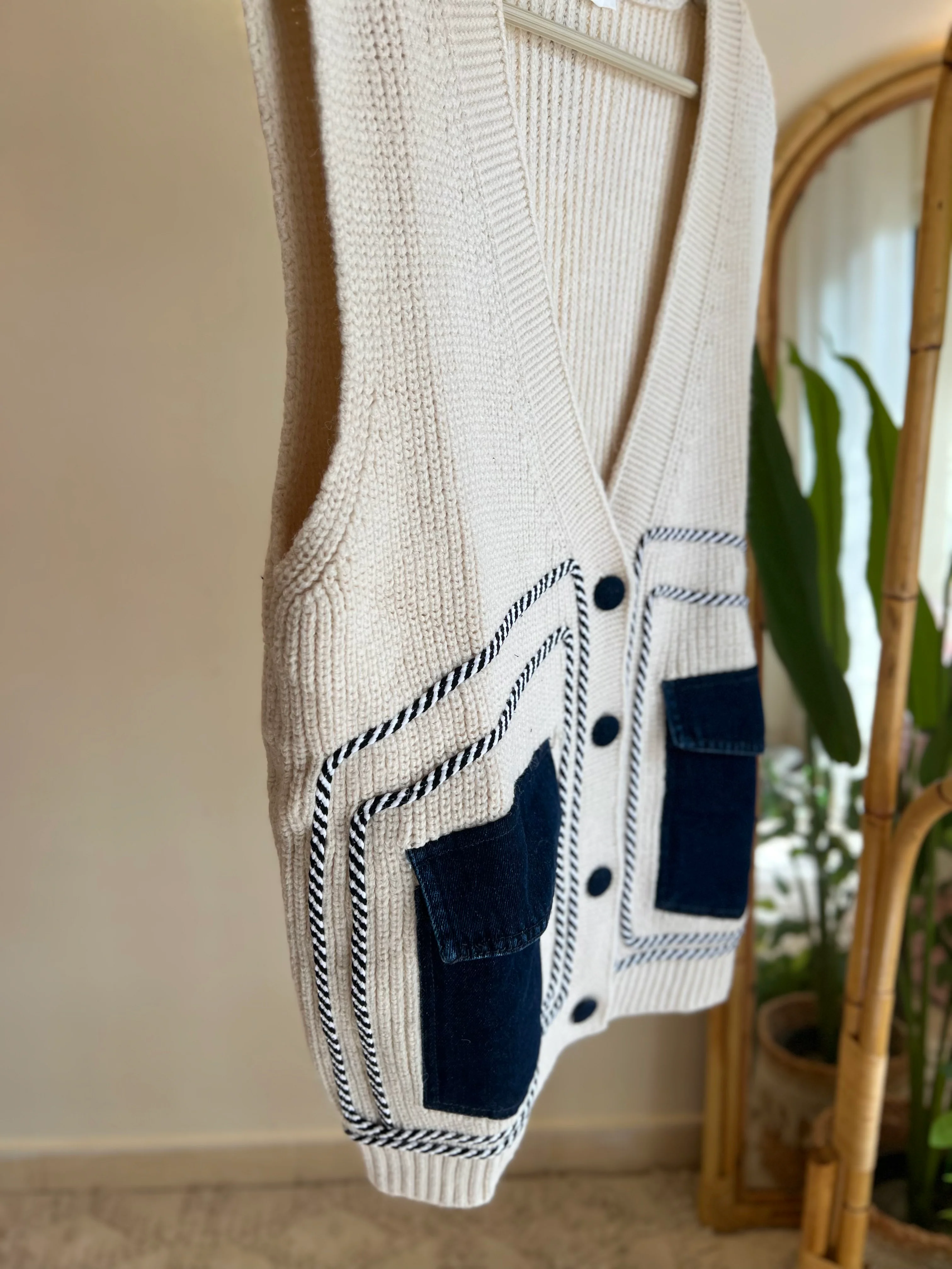 Cream Triko Patchwork Denim Vest With Pockets - Image 3