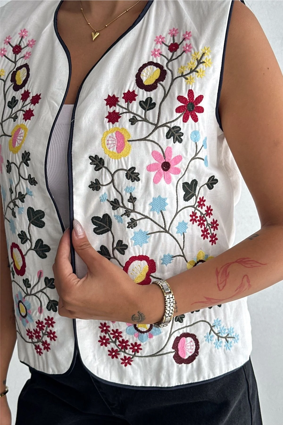 Floral White Embroidered Vest - Image 3