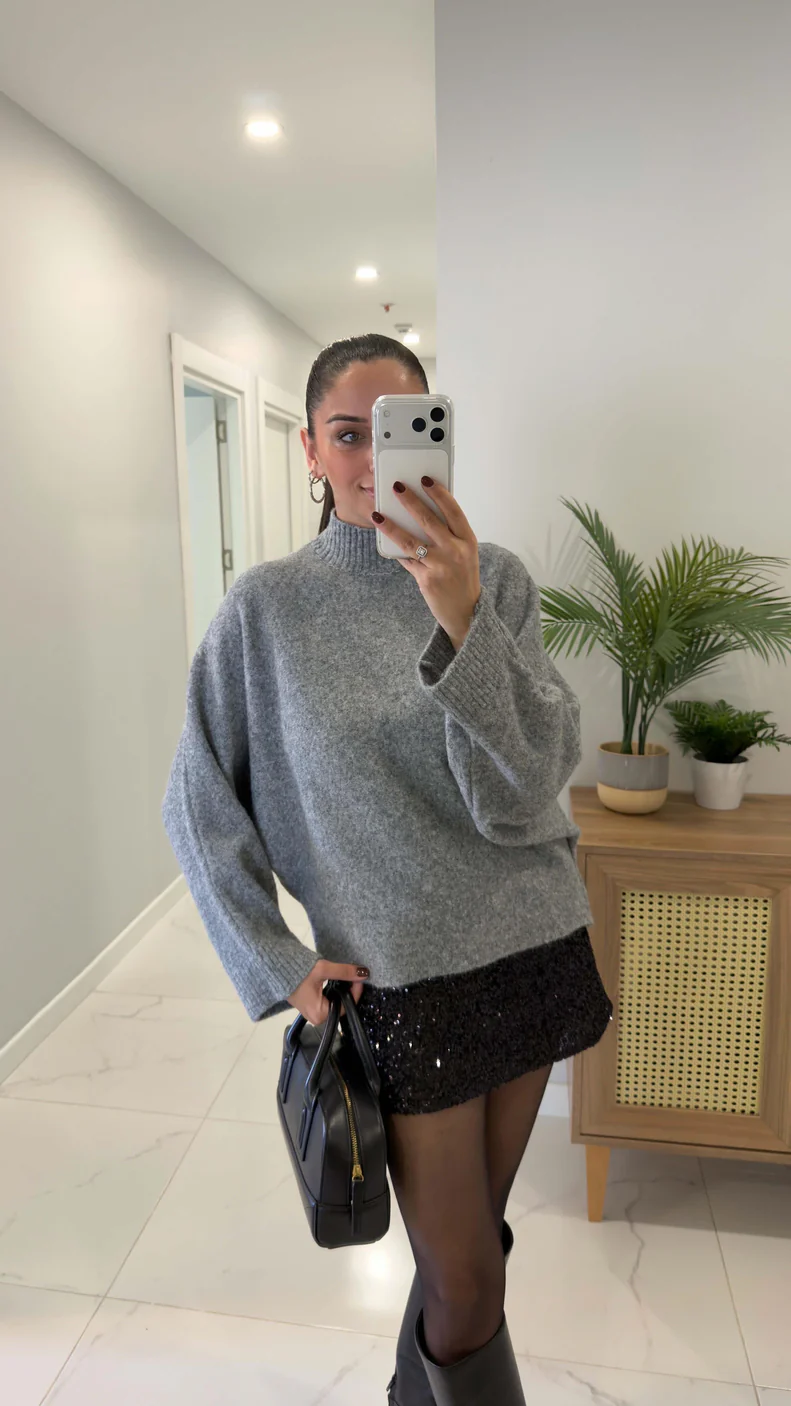 Grey Bat Sleeves High Neck Pullover - Image 4