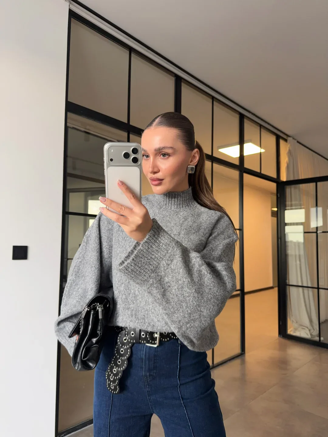 Grey Bat Sleeves High Neck Pullover - Image 5