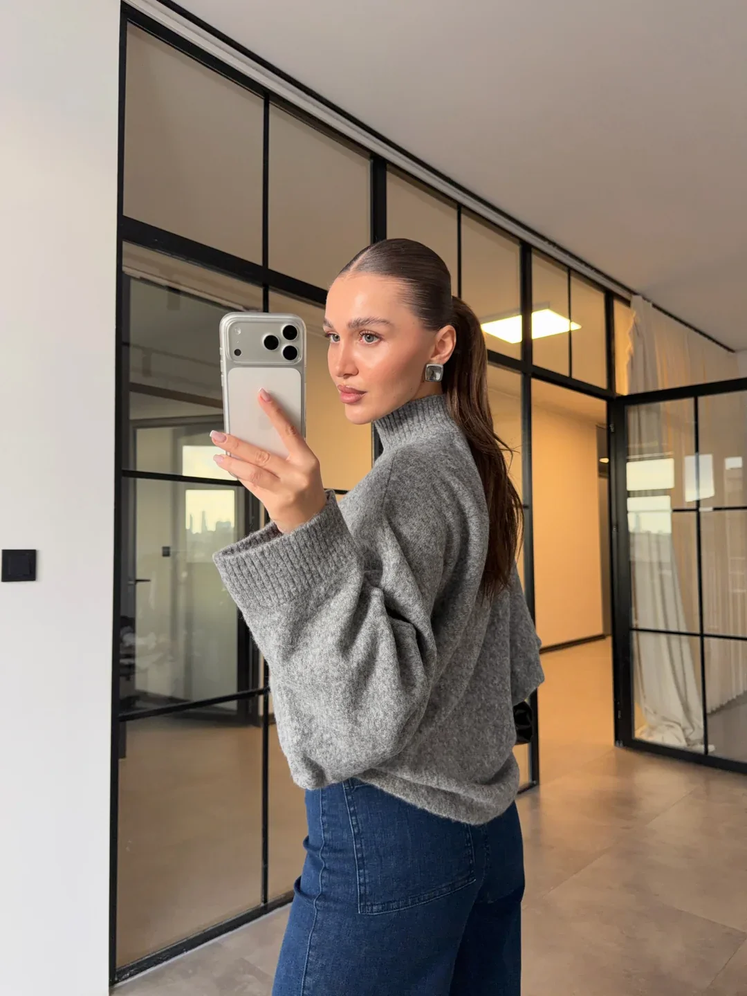 Grey Bat Sleeves High Neck Pullover - Image 6