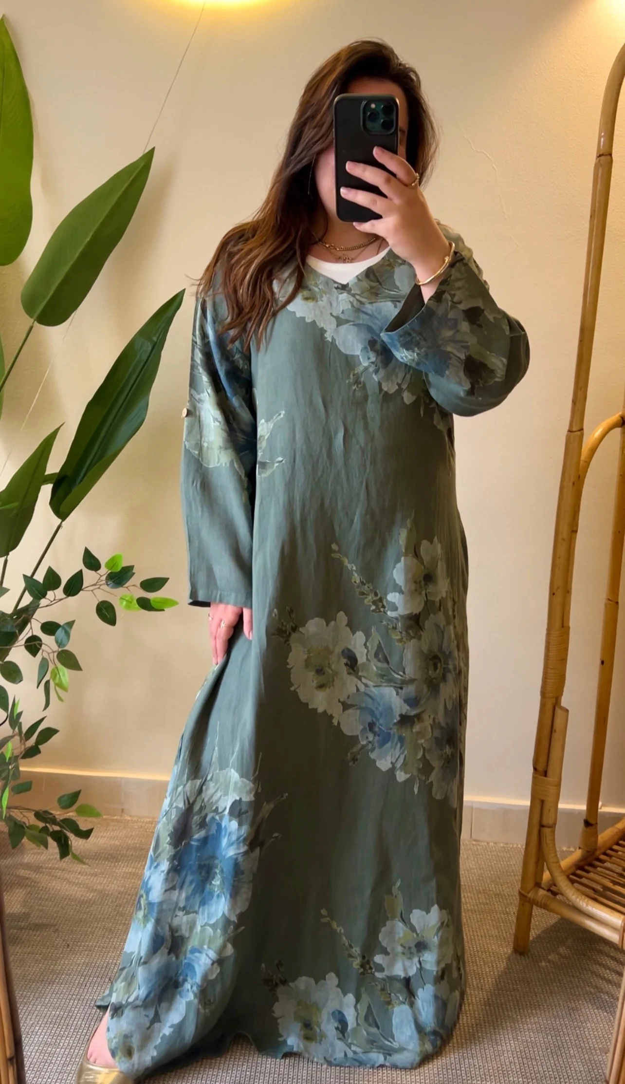 Italian Linen Olive Floral Maxi Dress - Image 3