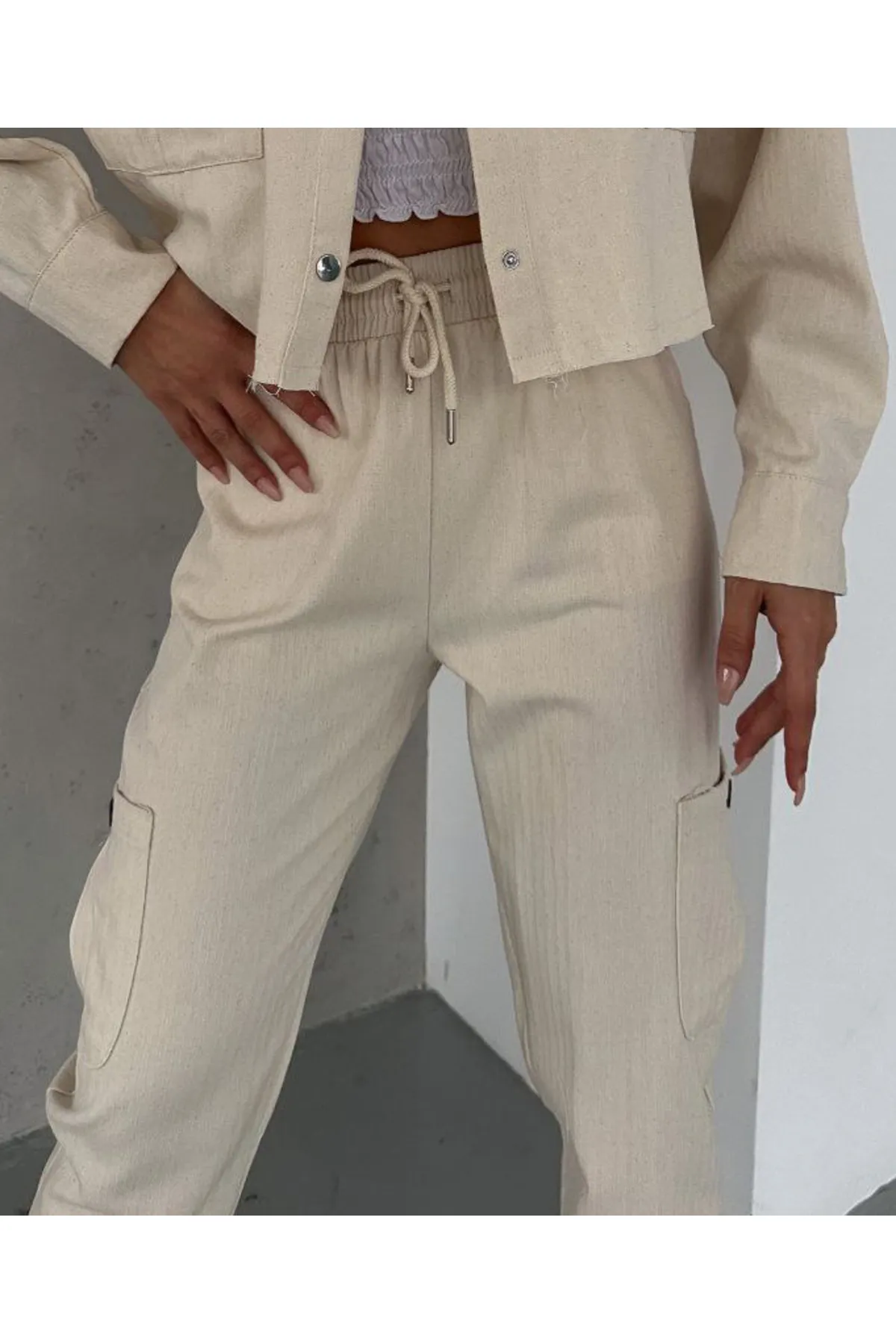 Cargo Elastic Waist Linen Pants - Image 4