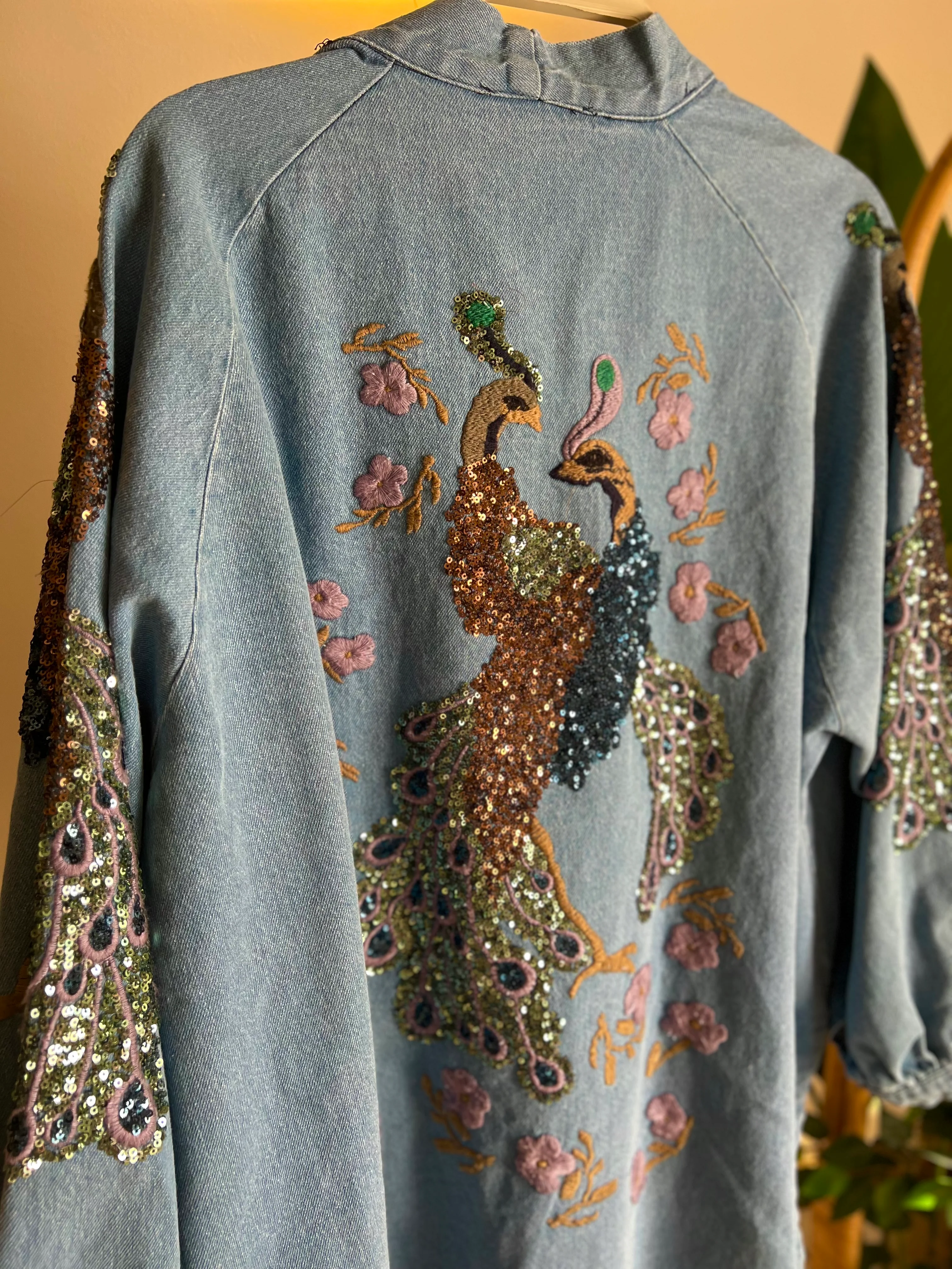 Light Blue Denim Embroidered Peacock Kimono - Image 3