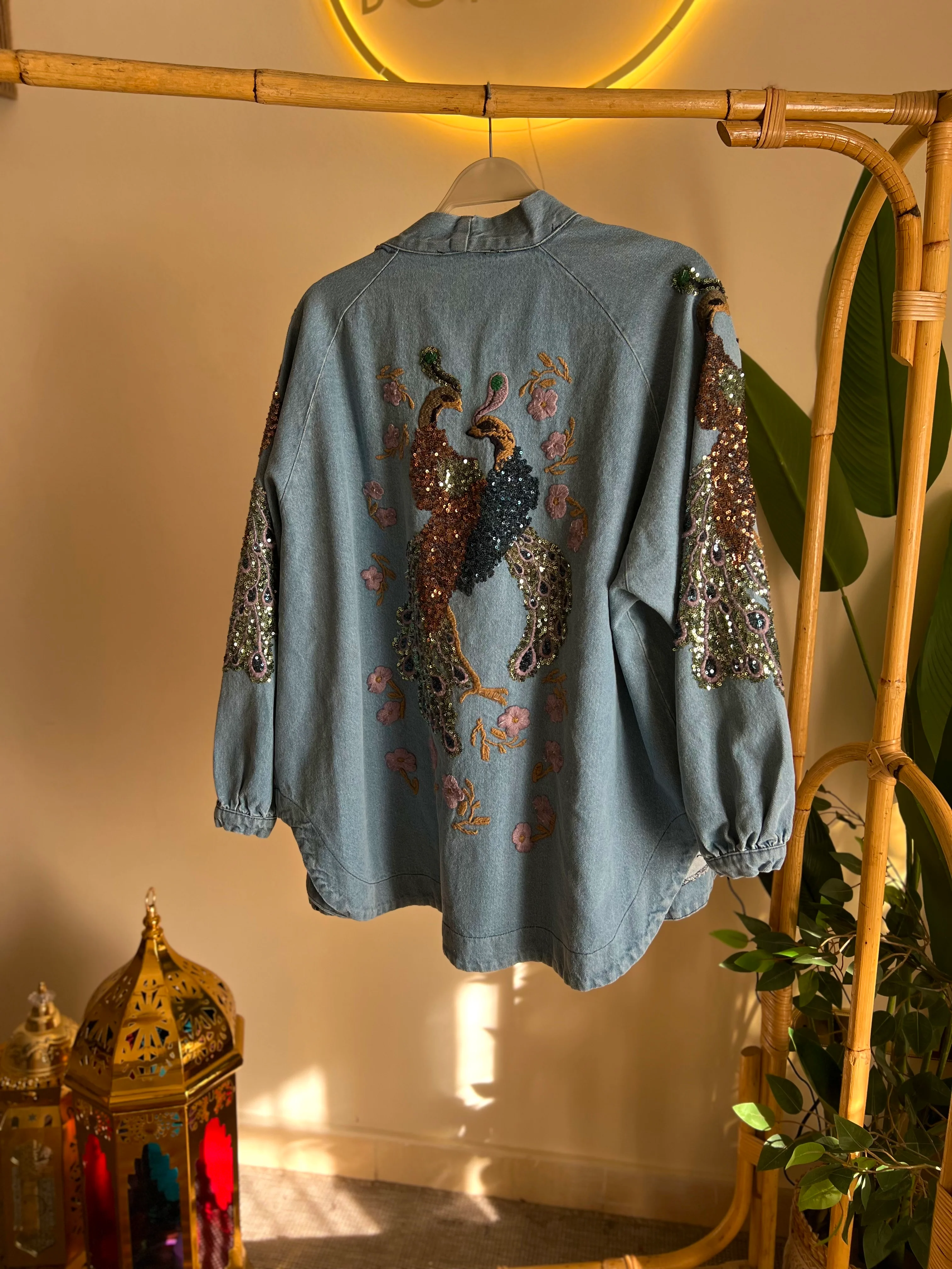 Light Blue Denim Embroidered Peacock Kimono - Image 4
