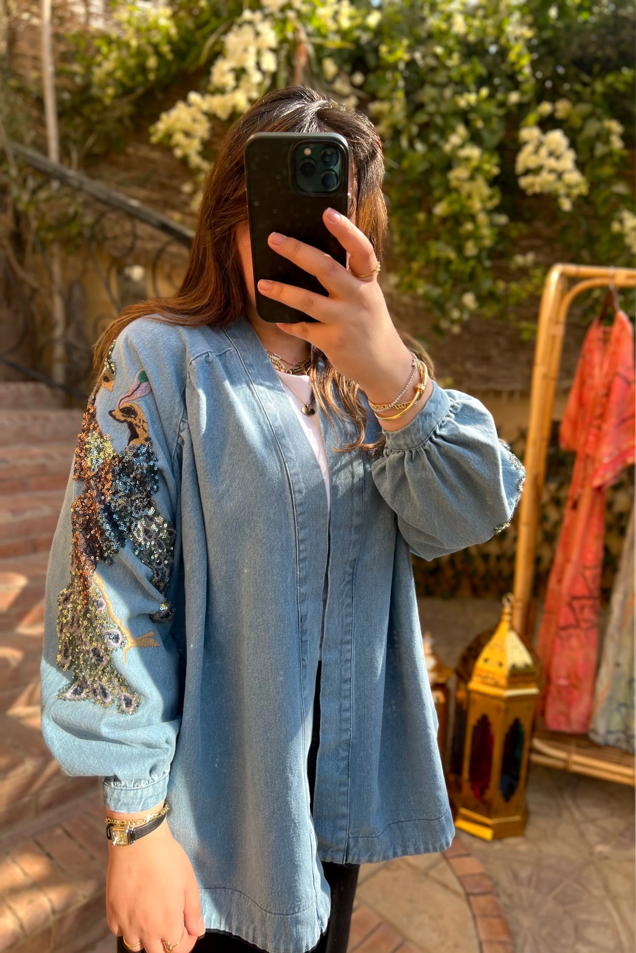 Light Blue Denim Embroidered Peacock Kimono - Image 5