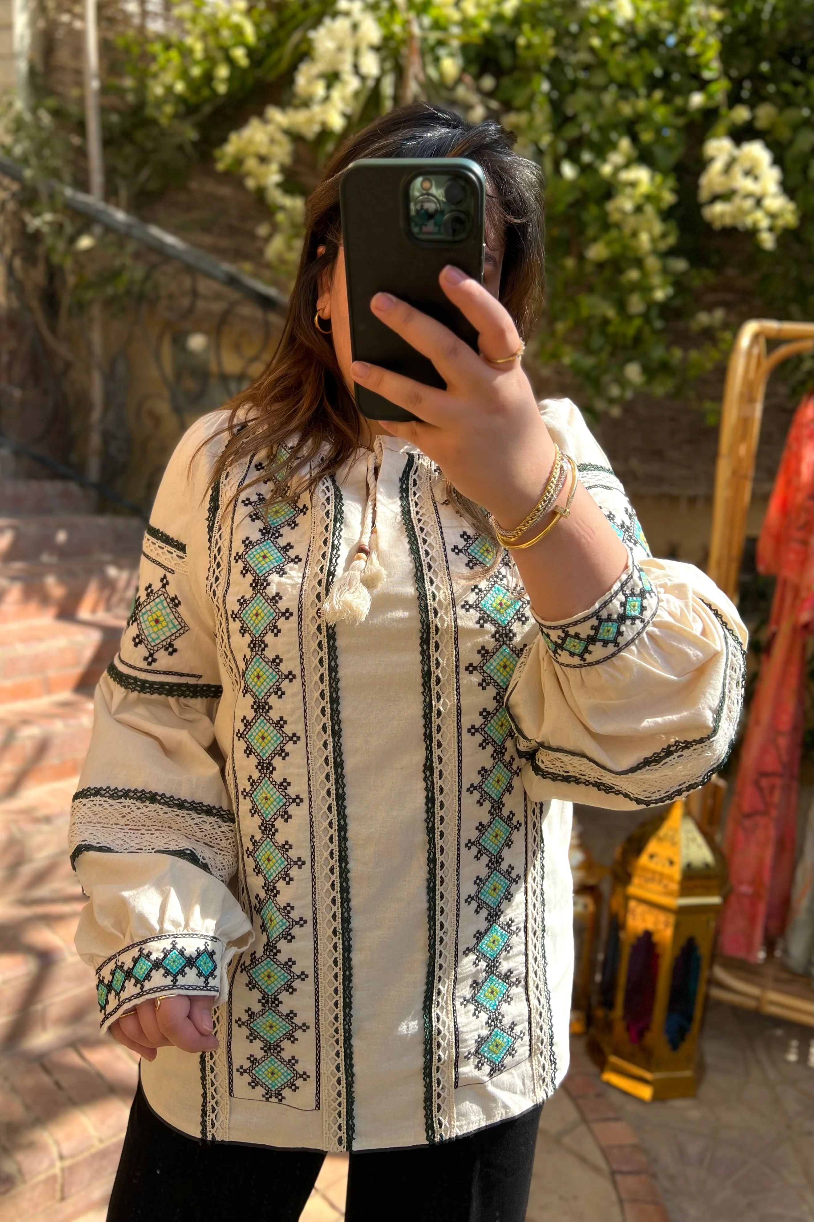 Linen Beige X Mint Green Embroidered Blouse - Image 3