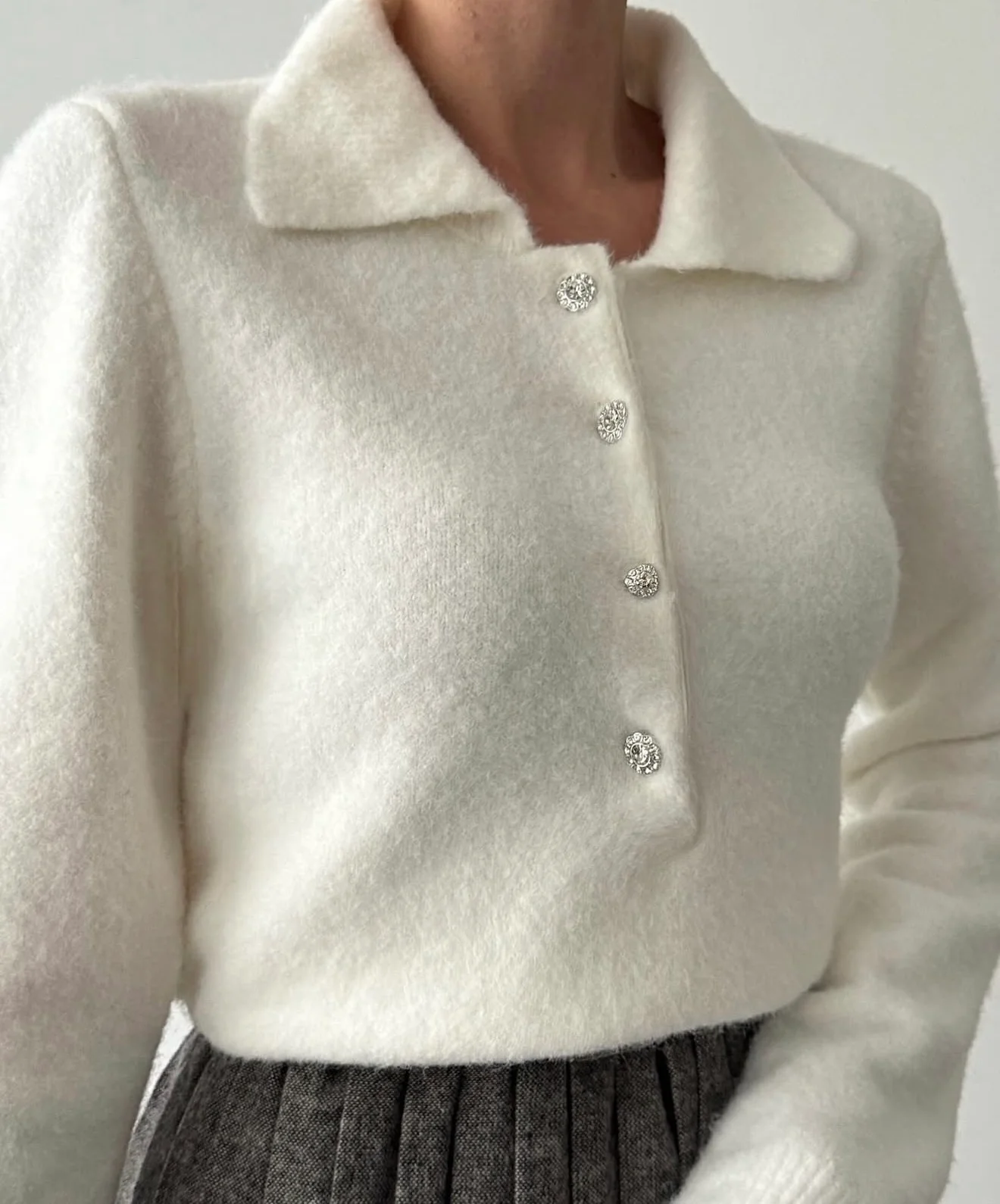 Off White Polo Pullover With Rhinestone Buttons - Image 3