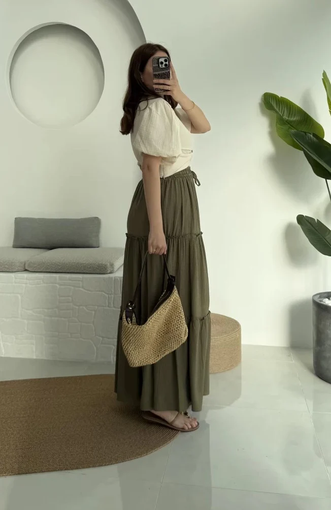 Olive Cotton Ruffled Skirt - Image 3