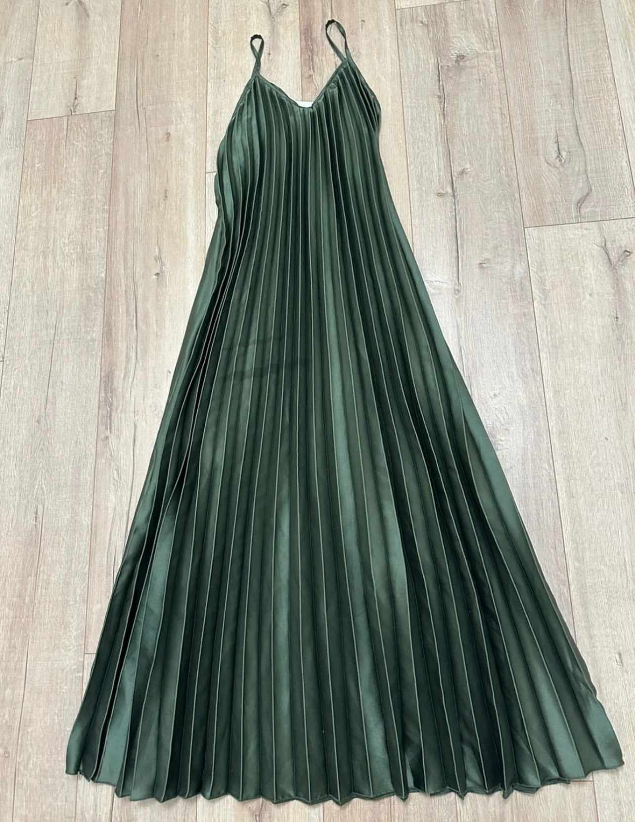 Olive Pleated Straps Italian Dress - Image 4