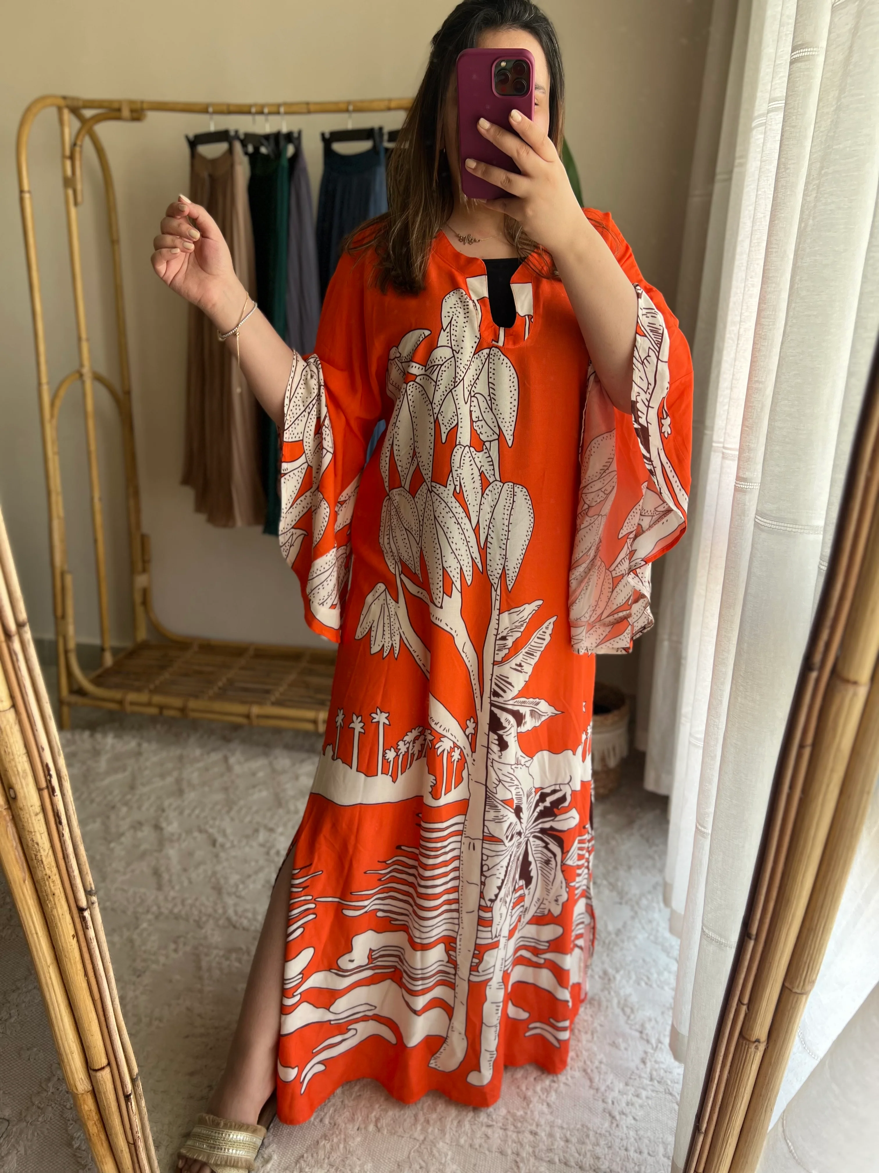 Orange Butterfly Sleeves Dress With Side Slits - Image 4