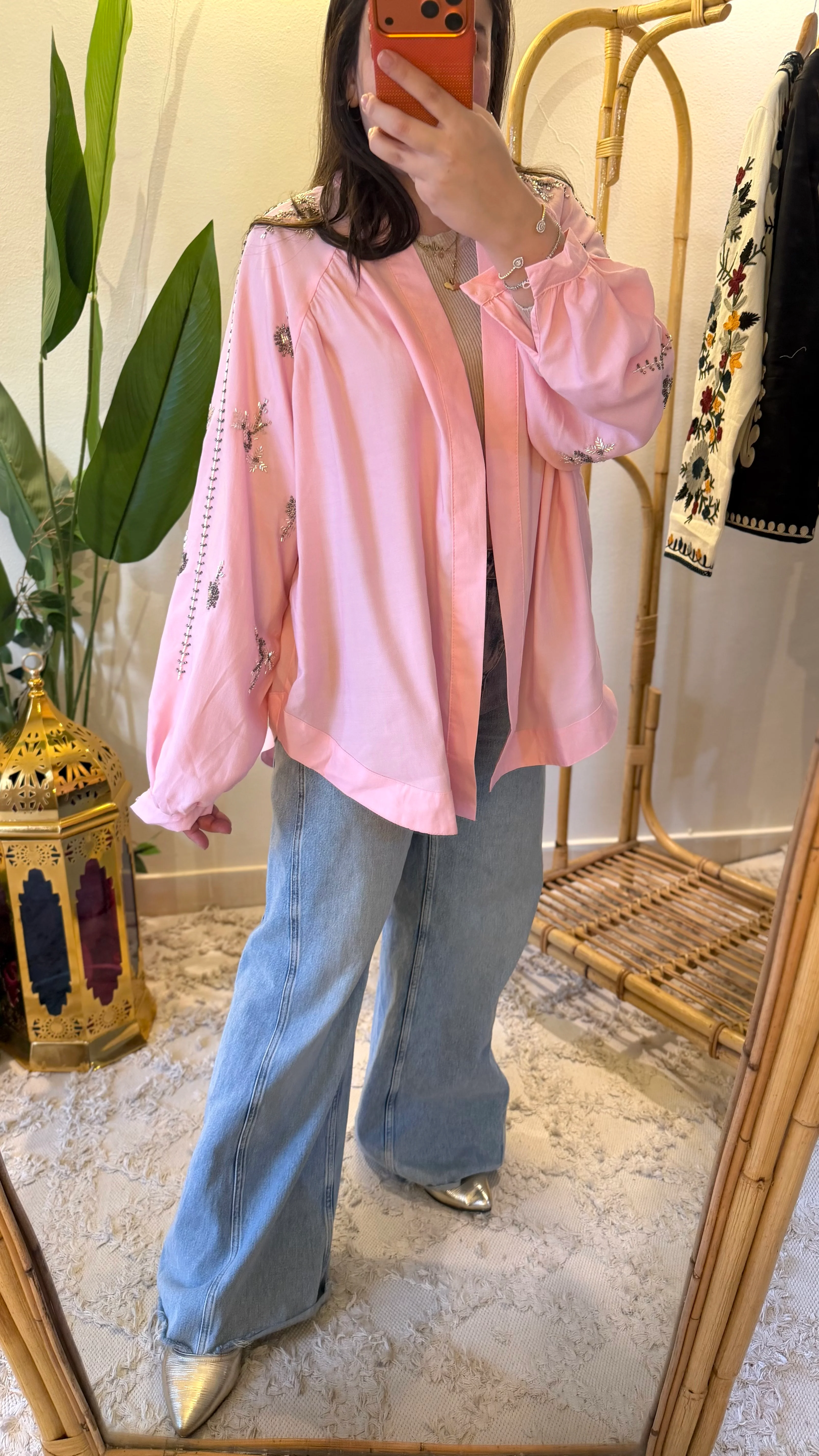 Pink Floral Bead-Embellished Kimono - Image 3