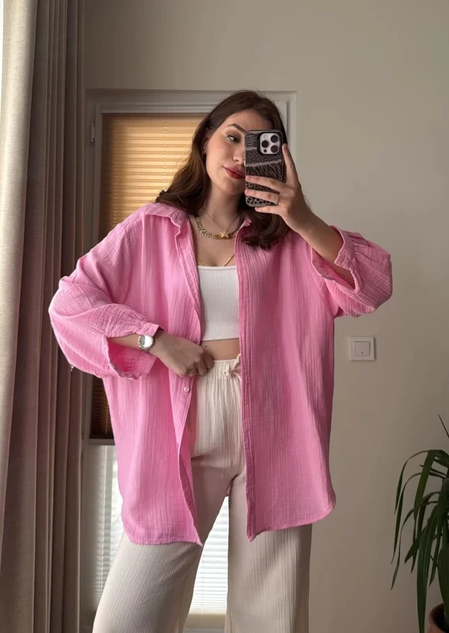 Pink Muslin Cotton Oversized Shirt - Image 6