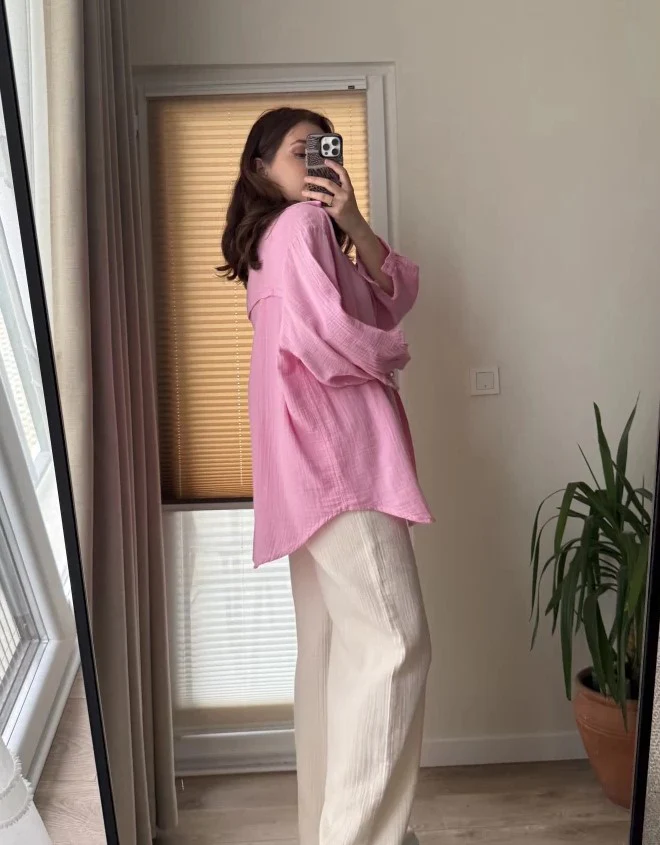 Pink Muslin Cotton Oversized Shirt - Image 7