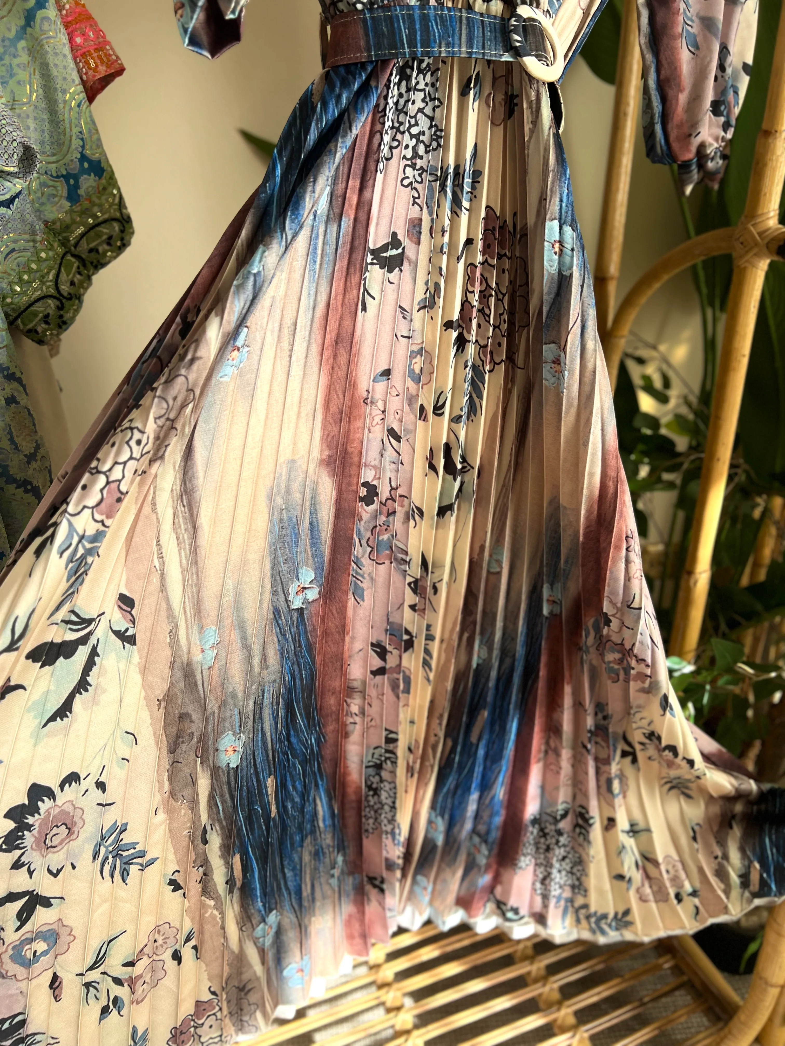 The Floral Pleated Satin Dress With Belt - Image 4