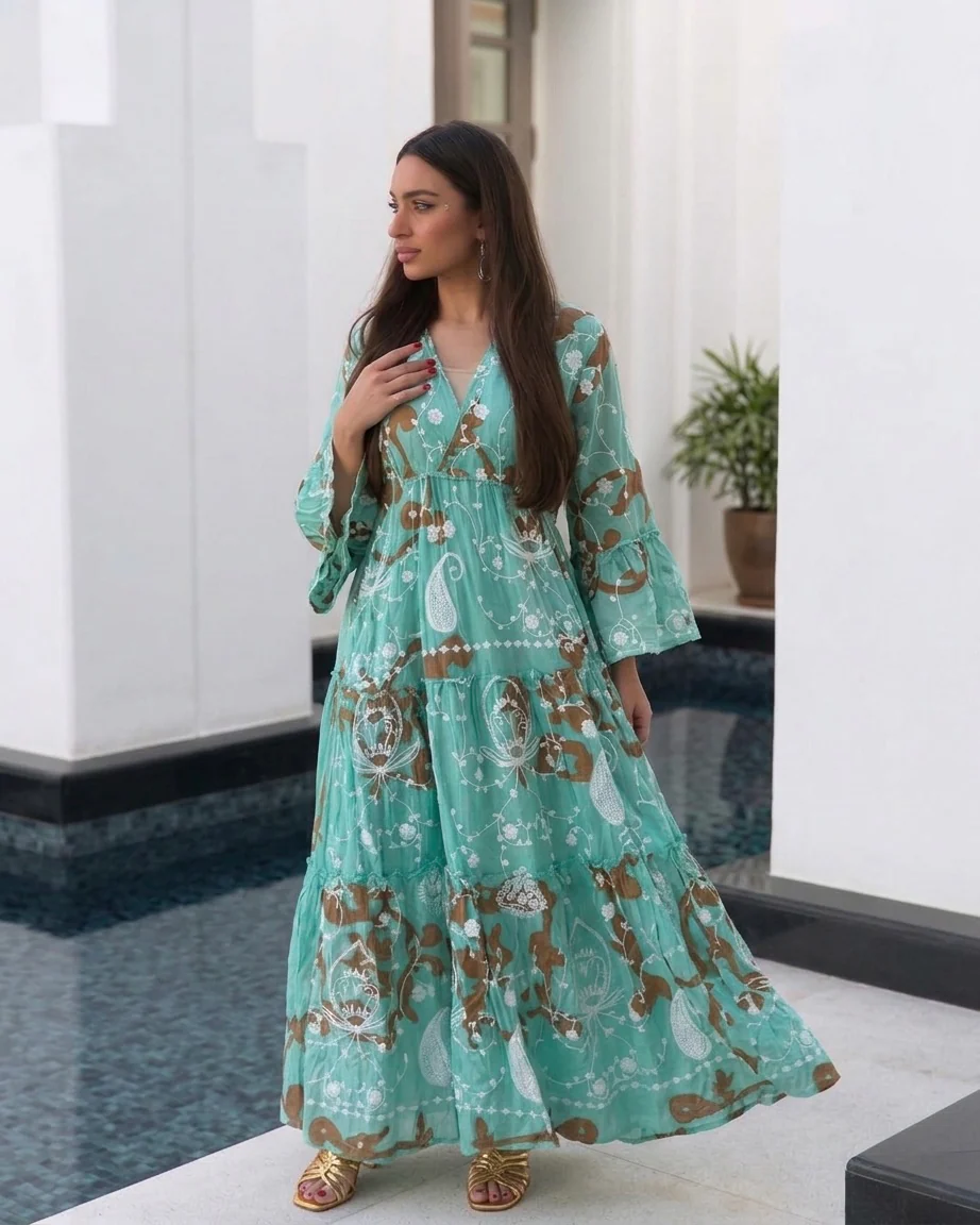 The French Aqua Brown Embroidered Paisley Dress - Image 3