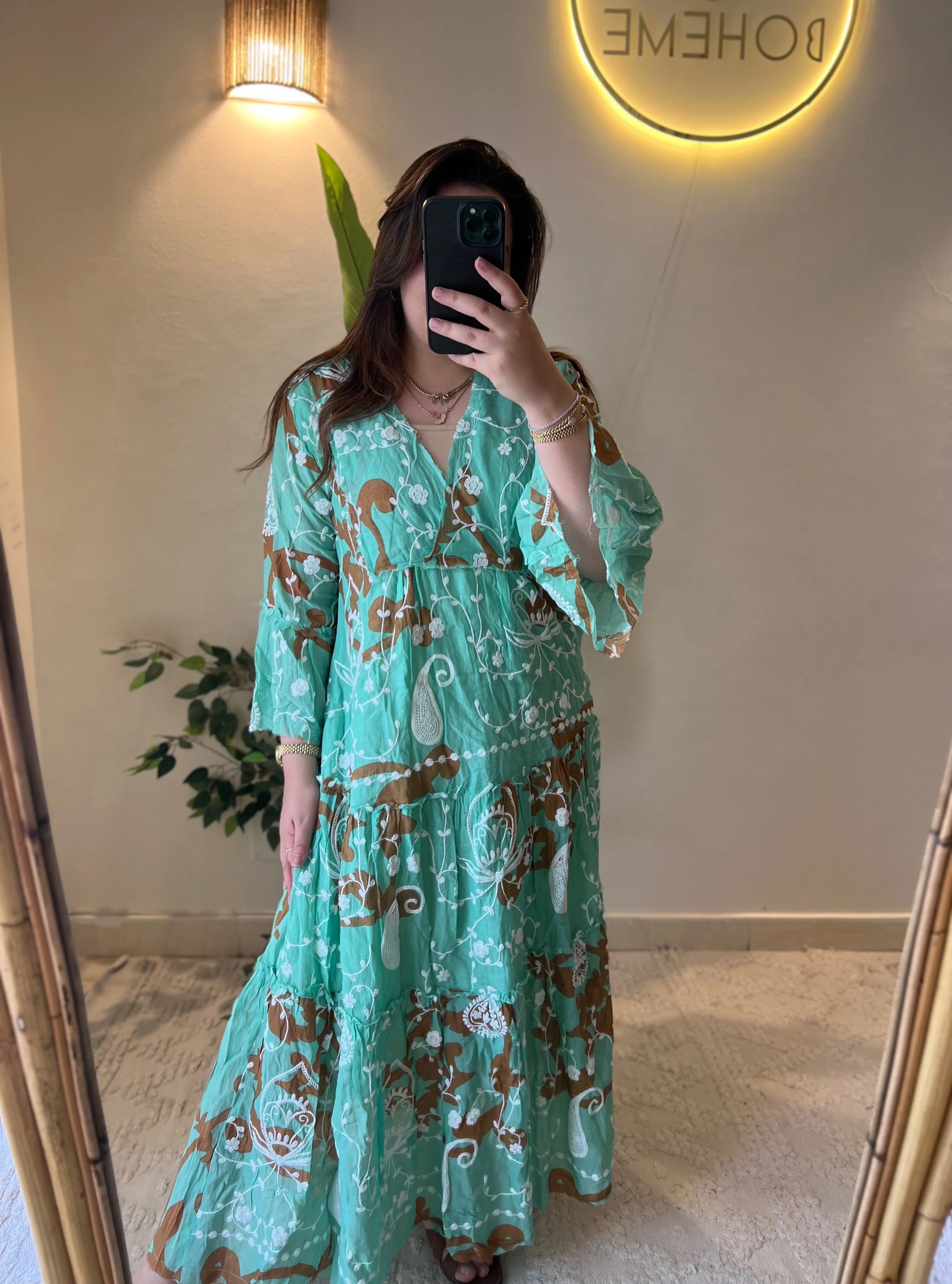 The French Aqua Brown Embroidered Paisley Dress - Image 5